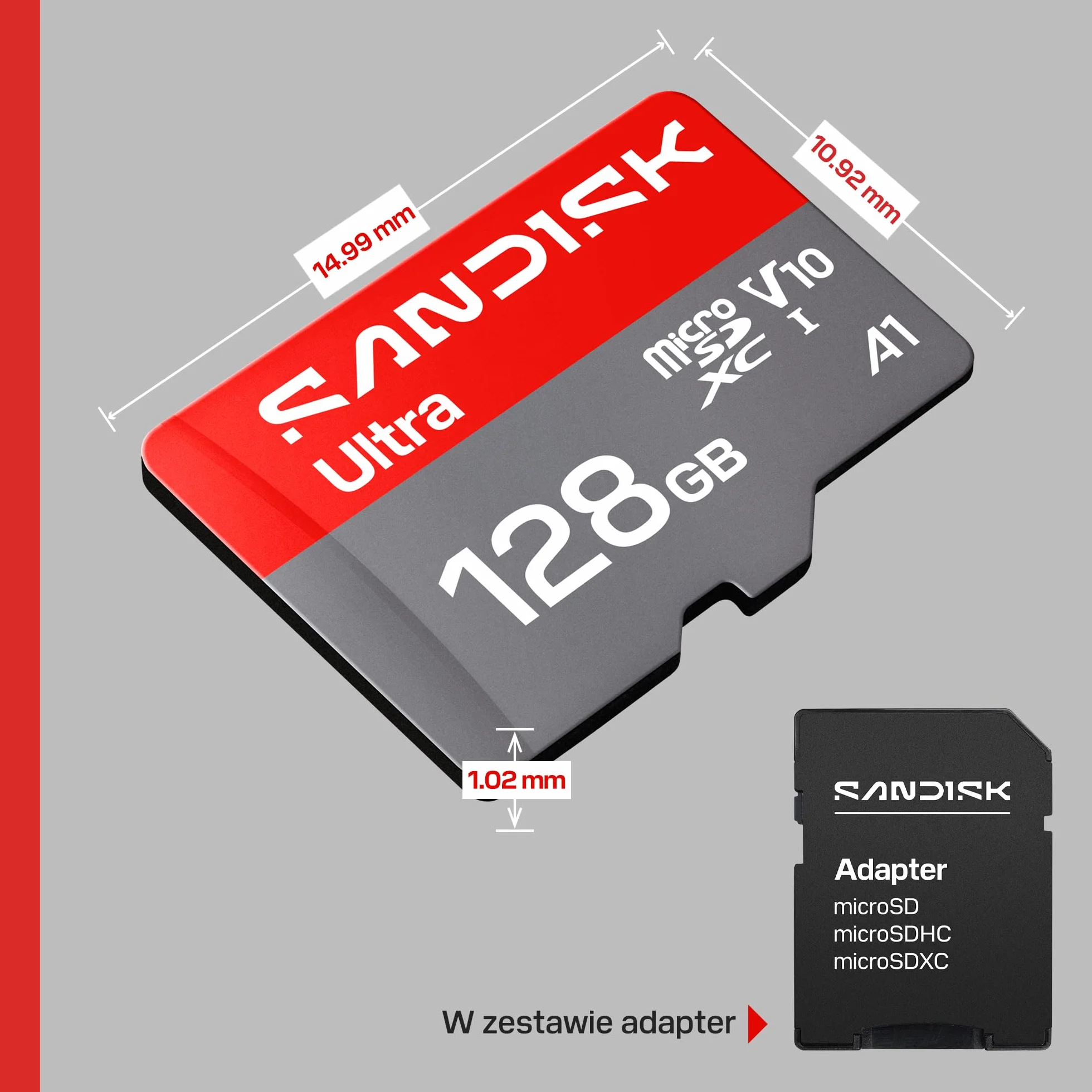SANDISK Ultra Karta microSDXC UHS-I + SD Adapter, 128 GB (prędkość odczytu do 195 MB/s, filmy Full HD, V10, U1, C10, A1) Do smartfonów i tabletów z systemem Android oraz kamer i laptopów