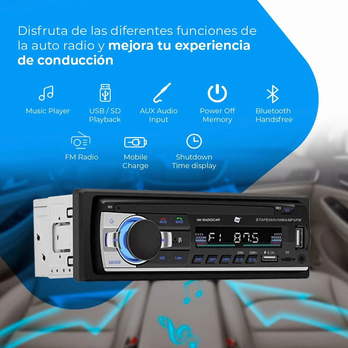Radio samochodowe NK Auto - 1 DIN - 4x40W - Bluetooth 4.0, AUX, odtwarzacz MP3 i podwójny port USB, dźwięk stereo FM, zestaw głośnomówiący, pilot zdalnego sterowania, wyświetlacz LCD, iOS & Android