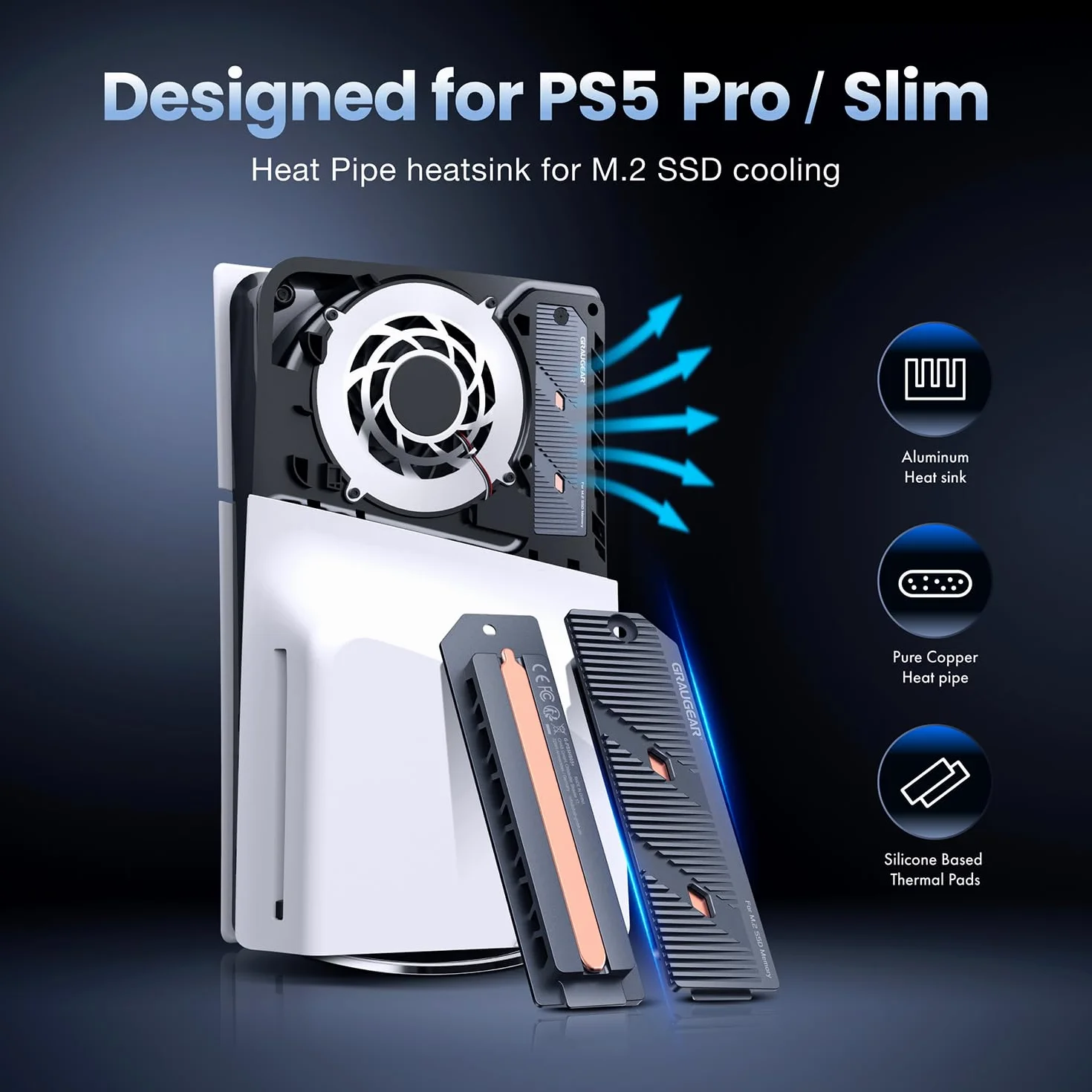 GRAUGEAR PS5 Pro PS5 Slim M.2 SSD Radiator z Rurą Cieplną Miedzianą Aluminiowe Żebra Chłodzenie NVMe