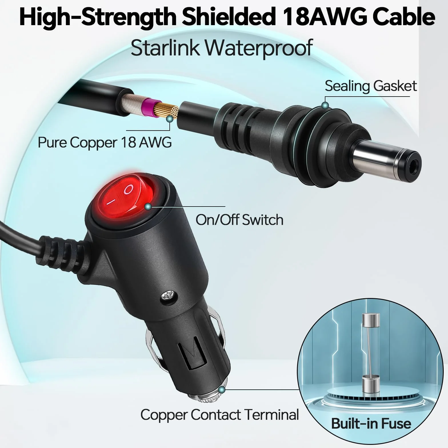 dla Starlink Mini Kabel 3m, Wodoodporny IP66 Kabel Zapalniczkę Adapter 12V DC Z Przełącznikiem, 18AWG Wodoodporny Kabel Zastępczy do Kampera, Przyczepy Kempingowej Furgonetki