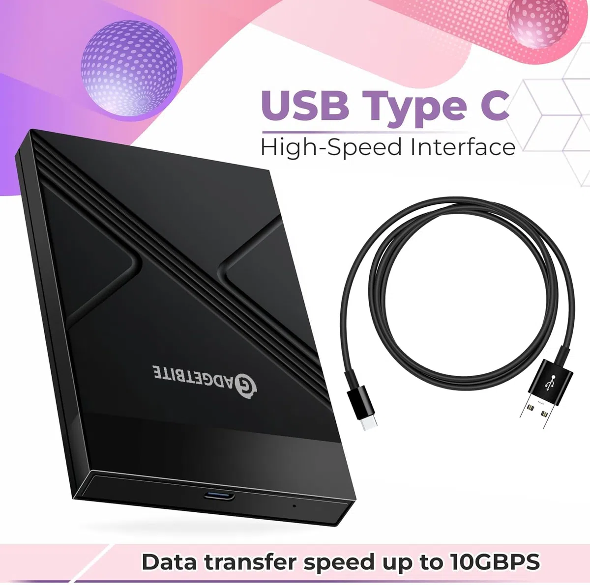 Gadgetbite Obudowa SSD, beznarzędziowa obudowa zewnętrznego dysku twardego z szybką prędkością transferu do 5 Gb/s i pojemności do 4 Tb z 2,5 SATA SSD/HDD (czarna, USB do typu C)