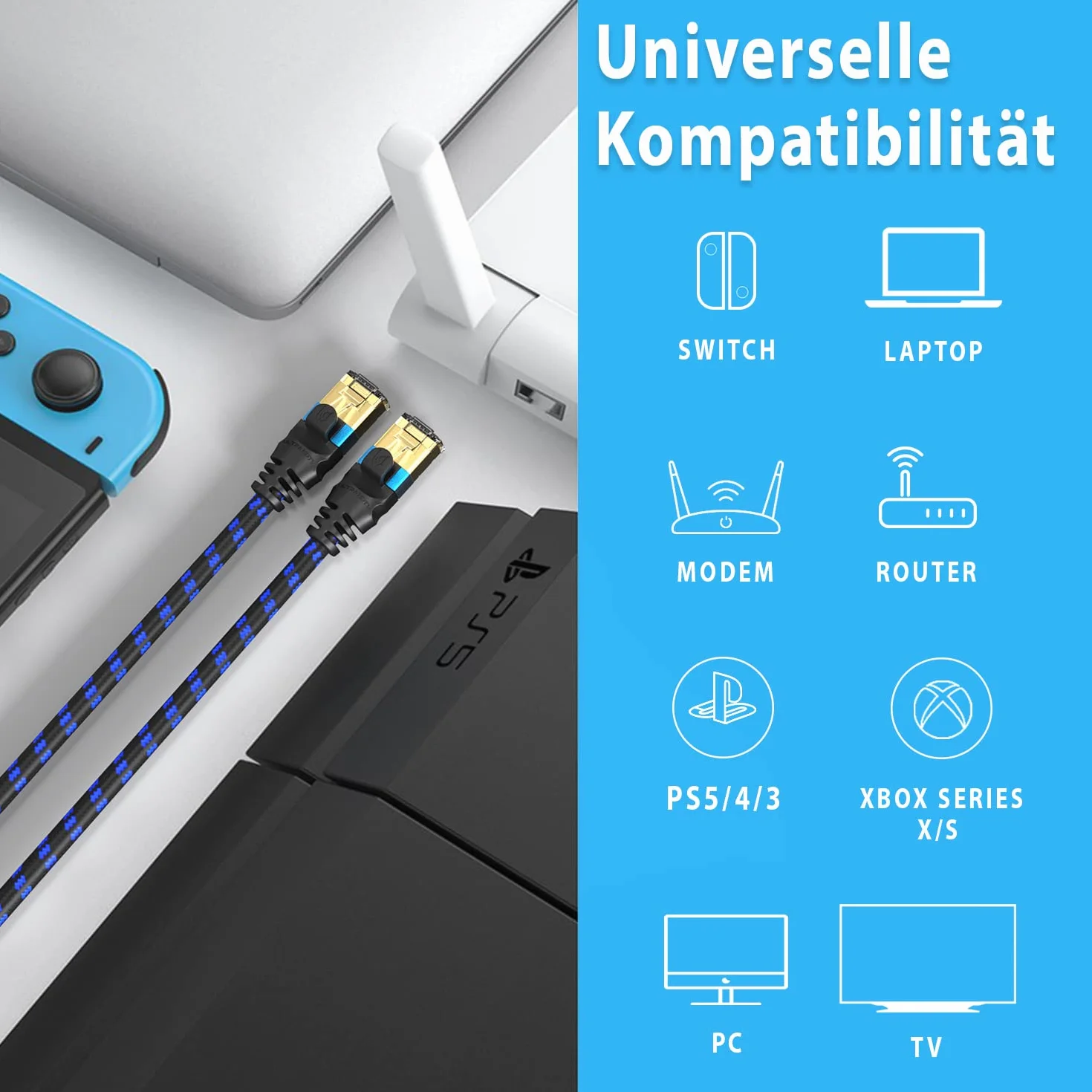 Kabel sieciowy Ultra HDTV CAT 8.1-1 metry, kabel LAN 40 Gb/s, kabel krosowy Gigabit RJ45 Ethernet, zabezpieczenie przed zginaniem, nylonowa kurtka ze światłowodem 40 000 Mbit