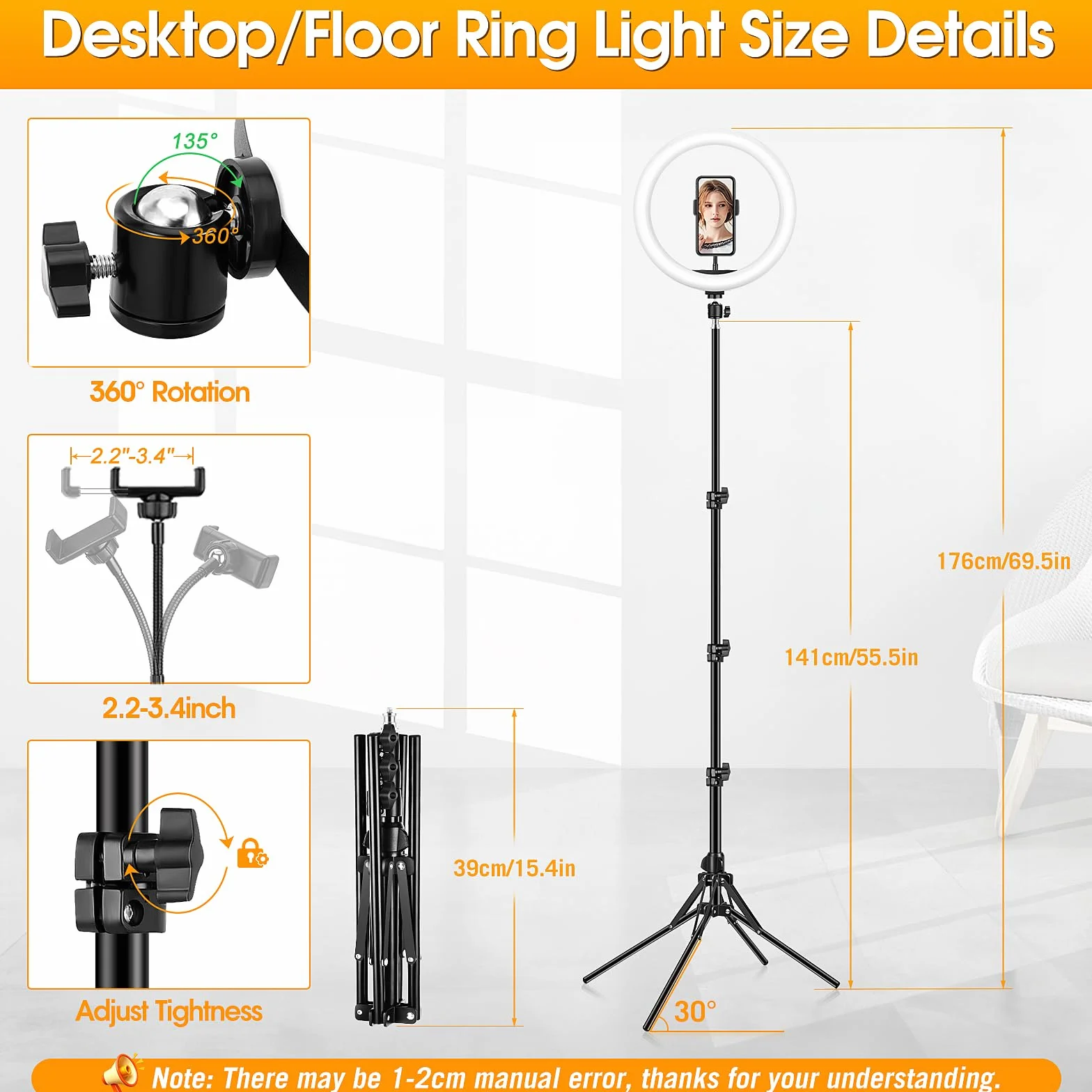 11.5'' Światło pierścieniowe ze stojakiem na statyw, uchwyt na telefon, GerTong LED Professional Selfie Circle Ringlight, podłogowa/biurko USB Halo Lampa z pilotem do makijażu YouTube