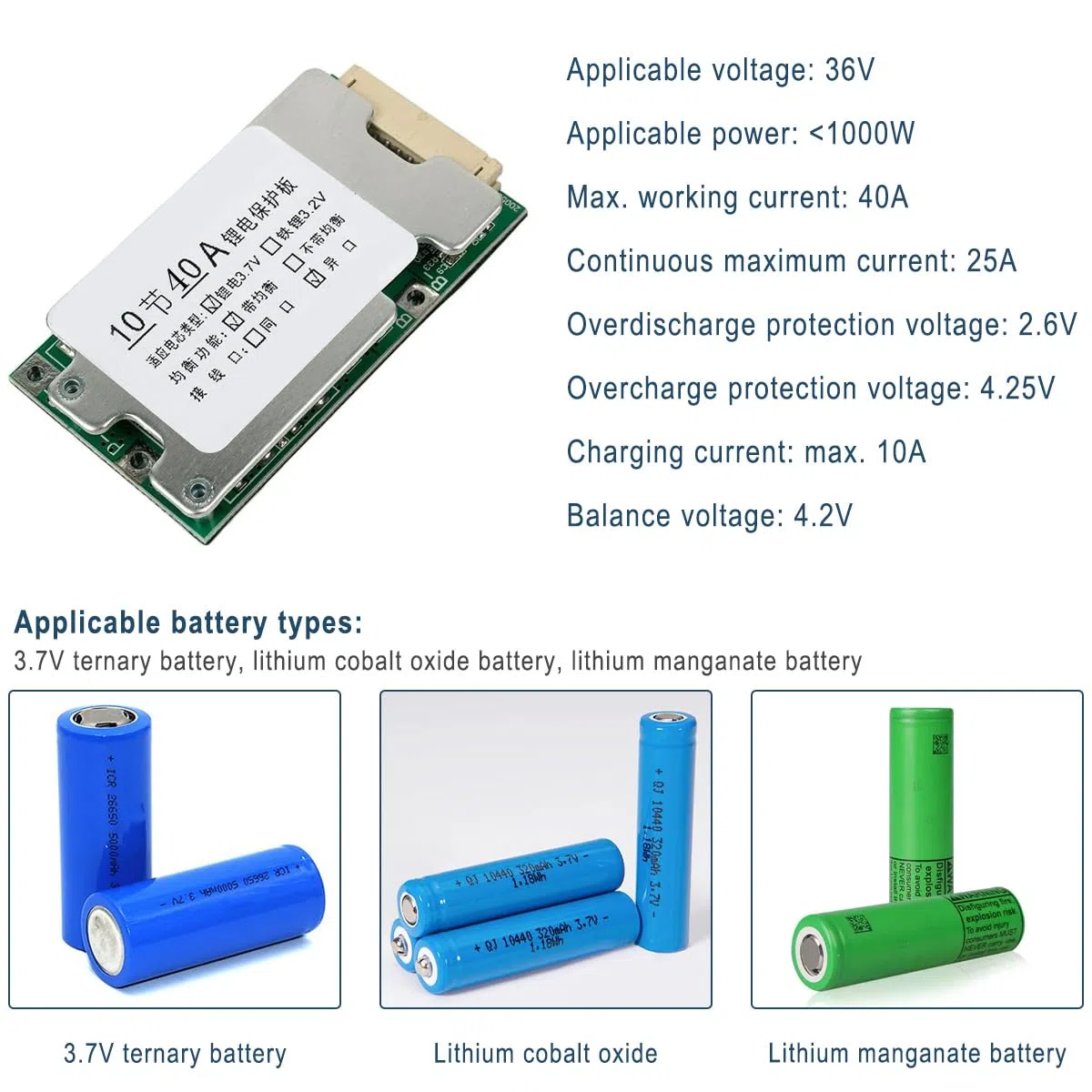 Płytka ochronna akumulatora litowego 10S 36V 30A Li-Ion, moduł BMS PCB z funkcją ochrony przed przeładowaniem/przeciążeniem/prądem przetężeniowym/zwarciem, płyta równoważąca