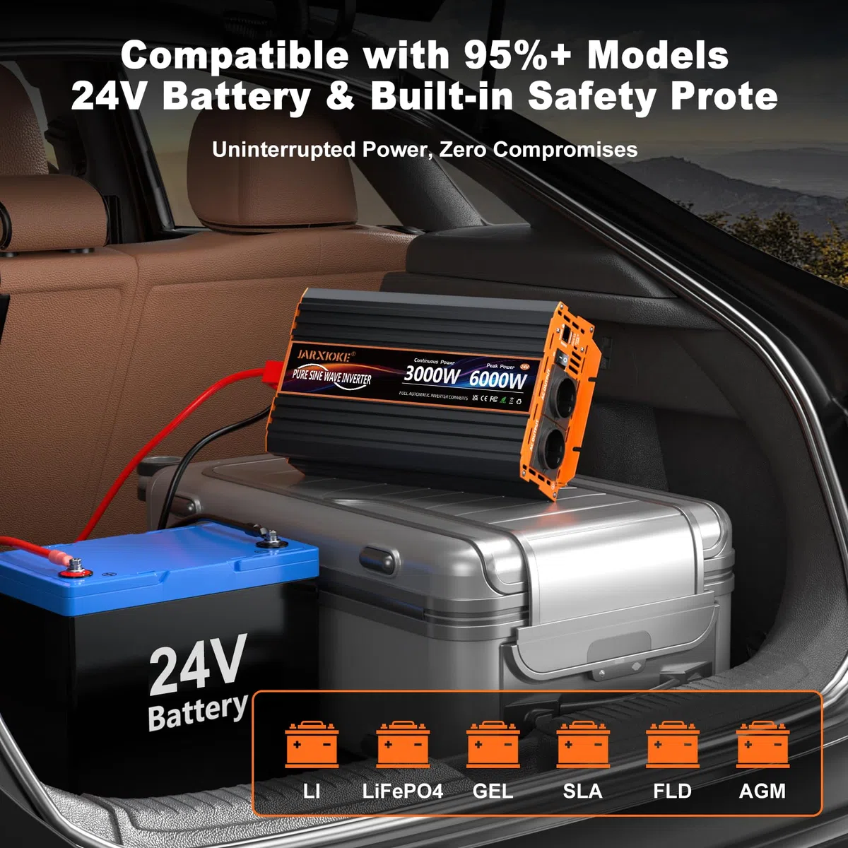 Przetwornica napięciowa 3000 W, 24 V na 230 V, czysty sinusoidalny konwerter z 2 gniazdami UE, 30 W USB-C, 5 V 3,1 A USB, pilot LCD, do przyczep kempingowych, ciężarówek, energii słonecznej, moc
