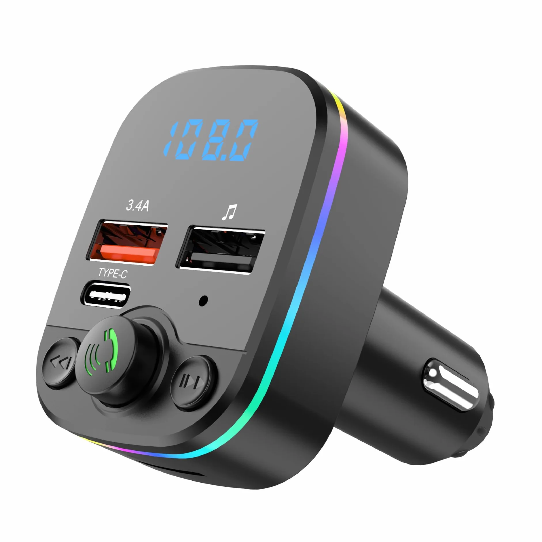 Samochodowy transmiter Bluetooth FM PD typu C Dual USB 3,4 A MP3 oświetlenie otoczenia zestaw głośnomówiący szybki kolorowy modulator odtwarzacz, ładowarka, odtwarzacz muzyki, zapalniczka z funkcją