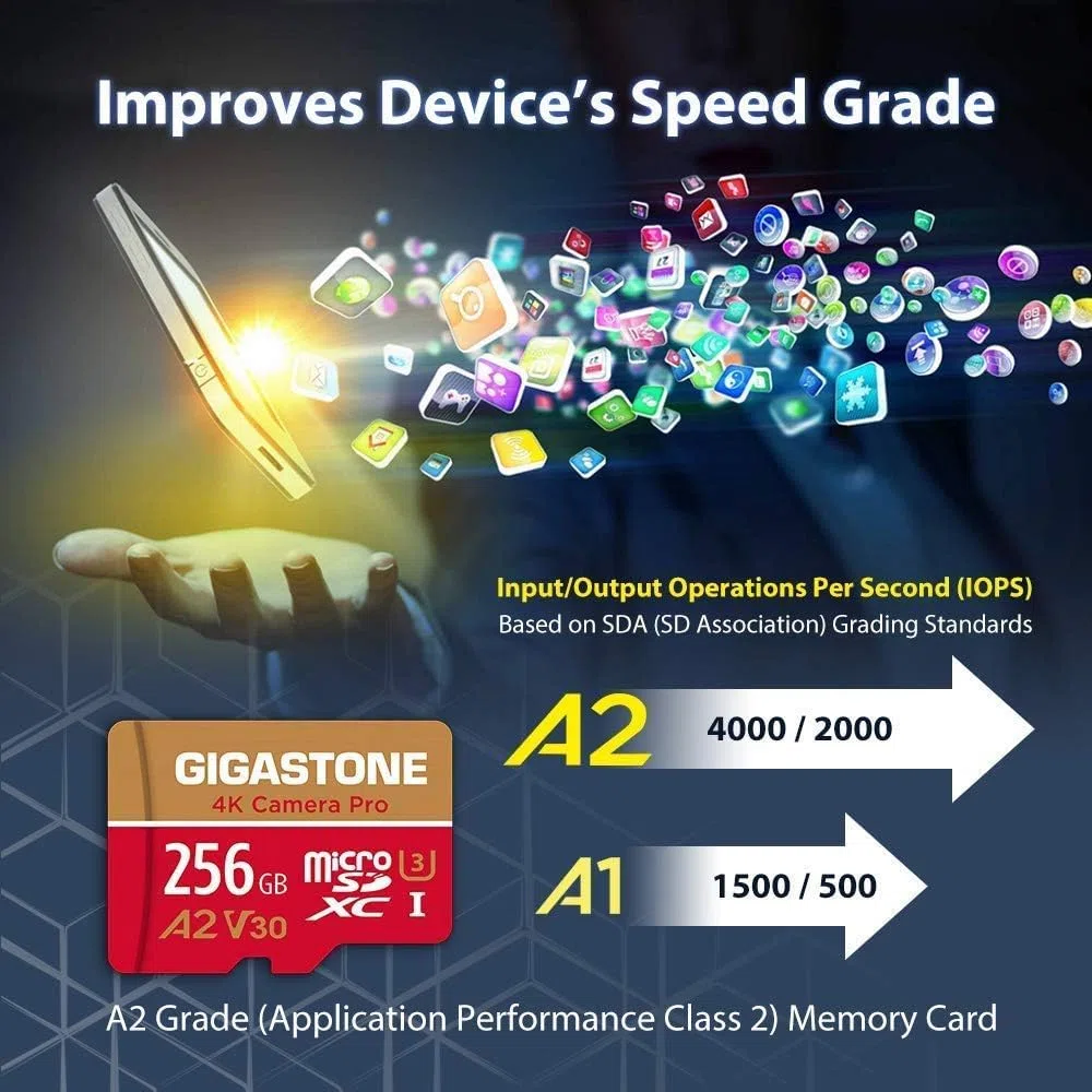 [5-letnie odzyskiwanie danych] Gigastone karta micro SD 256 GB, kamera 4K Pro, A2 V30 UHS-I U3, do 100 MB/s, do smartfona, GoPro, kamery akcji, wideo 4K UHD, Nintendo Switch, z adapterem i czytnikiem