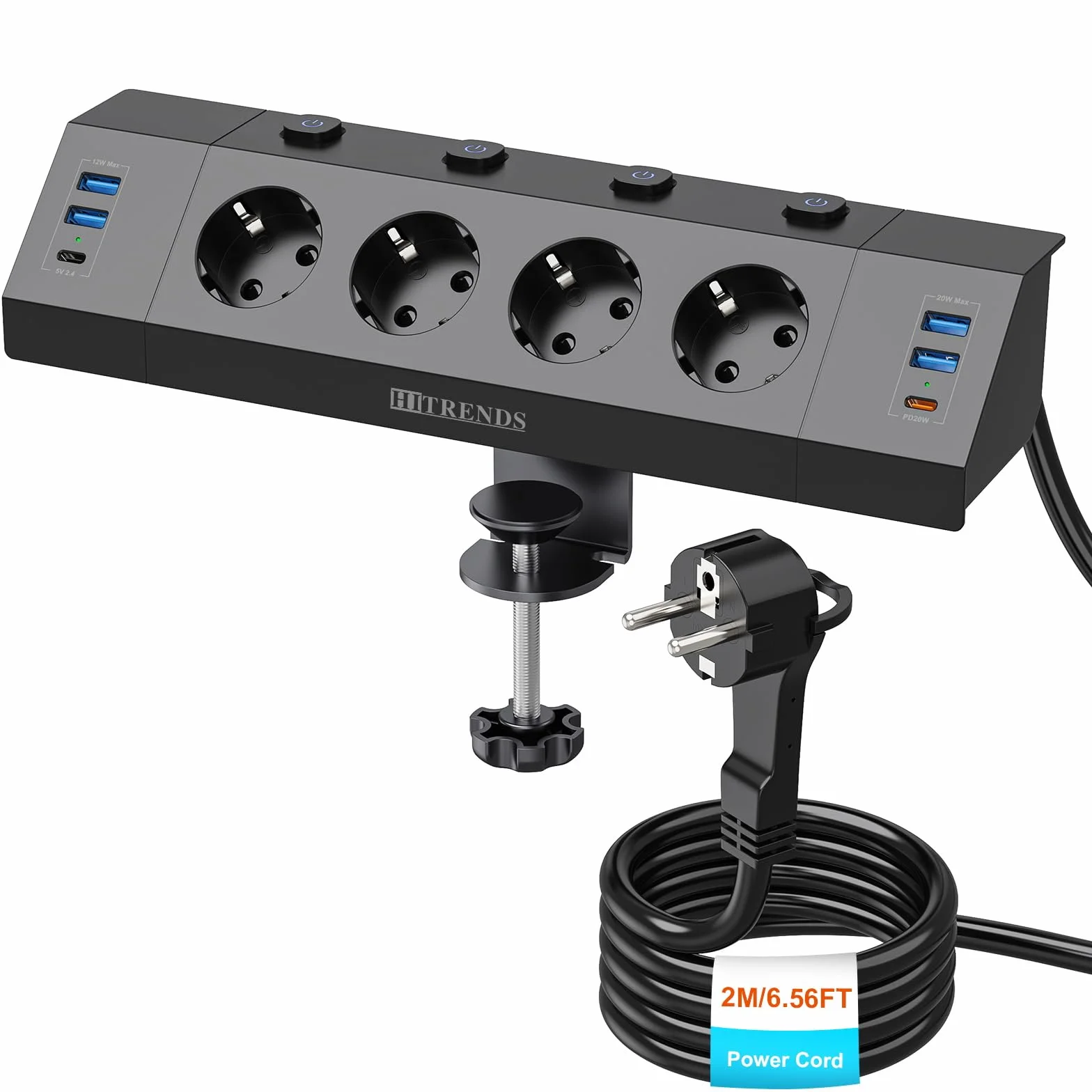 Gniazdko biurkowe z USB C PD 20W, listwa zasilająca z 4 pojedynczymi przełącznikami, 4-krotne gniazdko narożne z 6 USB, płaska wtyczka wielogniazdko montaż ścienny z kablem 2M, czarne