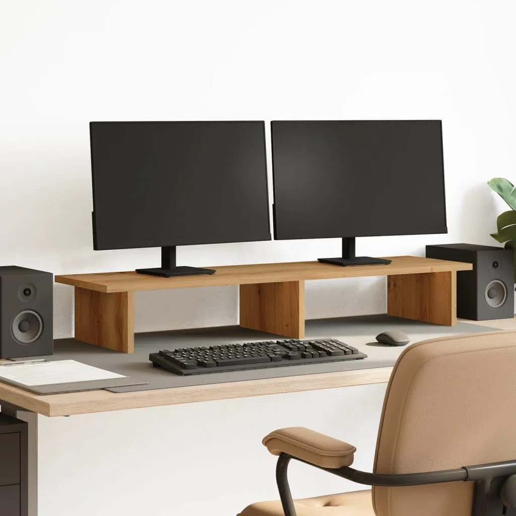 Stojak na monitor z materiału drewnopochodnego, dąb Artisan, 100 x 27 x 15 cm, z półką na klawiaturę i przechowywaniem, ergonomiczny stojak na laptopa do domowego biura, do gier i nauki