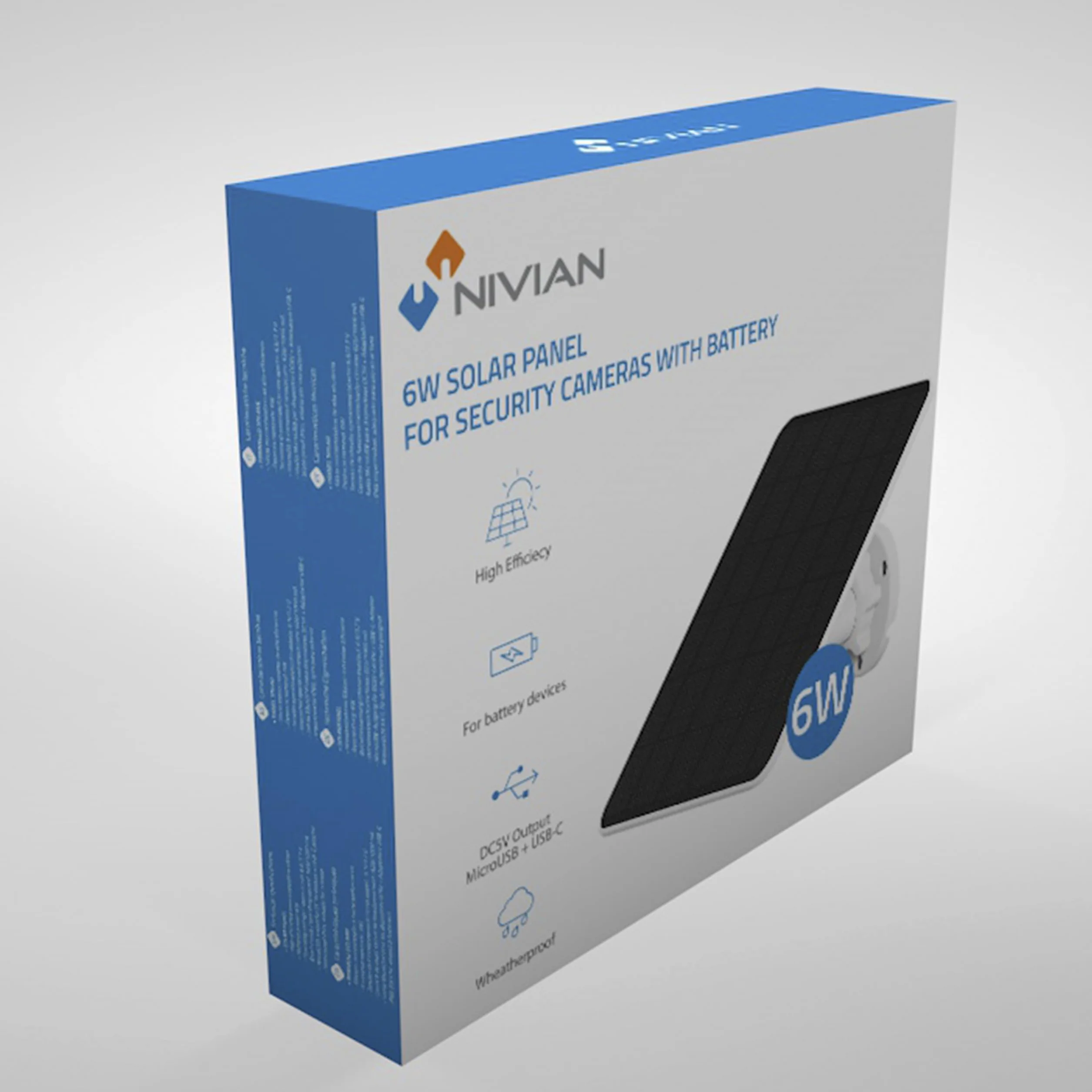 NIVIAN Panel słoneczny 6 W do kamer bezpieczeństwa IP, złącze USB typu C i adapter micro USB, łatwa instalacja z regulowanym uchwytem, biały, 1 sztuka, tworzywo sztuczne