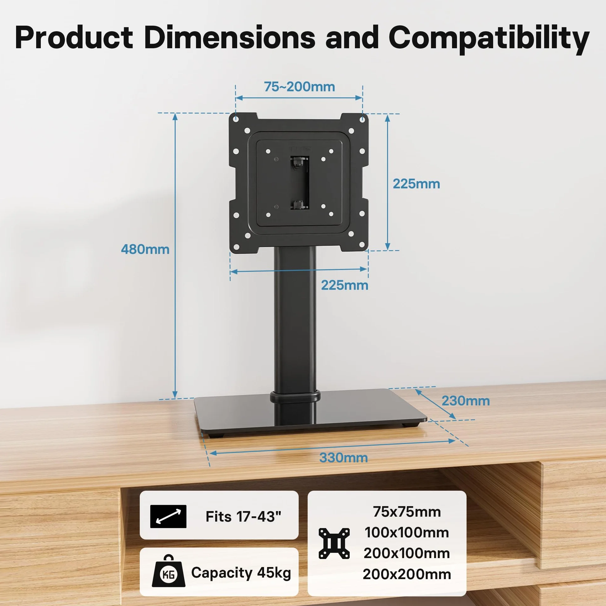 BONTEC Uniwersalny Obrotowy Stojak na Ttelewizor do Ekranów 17-43'', Regulowany Blat Stołu Stojak do Telewizora LCD/LED/OLED/Plazmowego/Zakrzywionych Telewizorów do 45 KG, 2 Opaski Kablowe w Zestawie