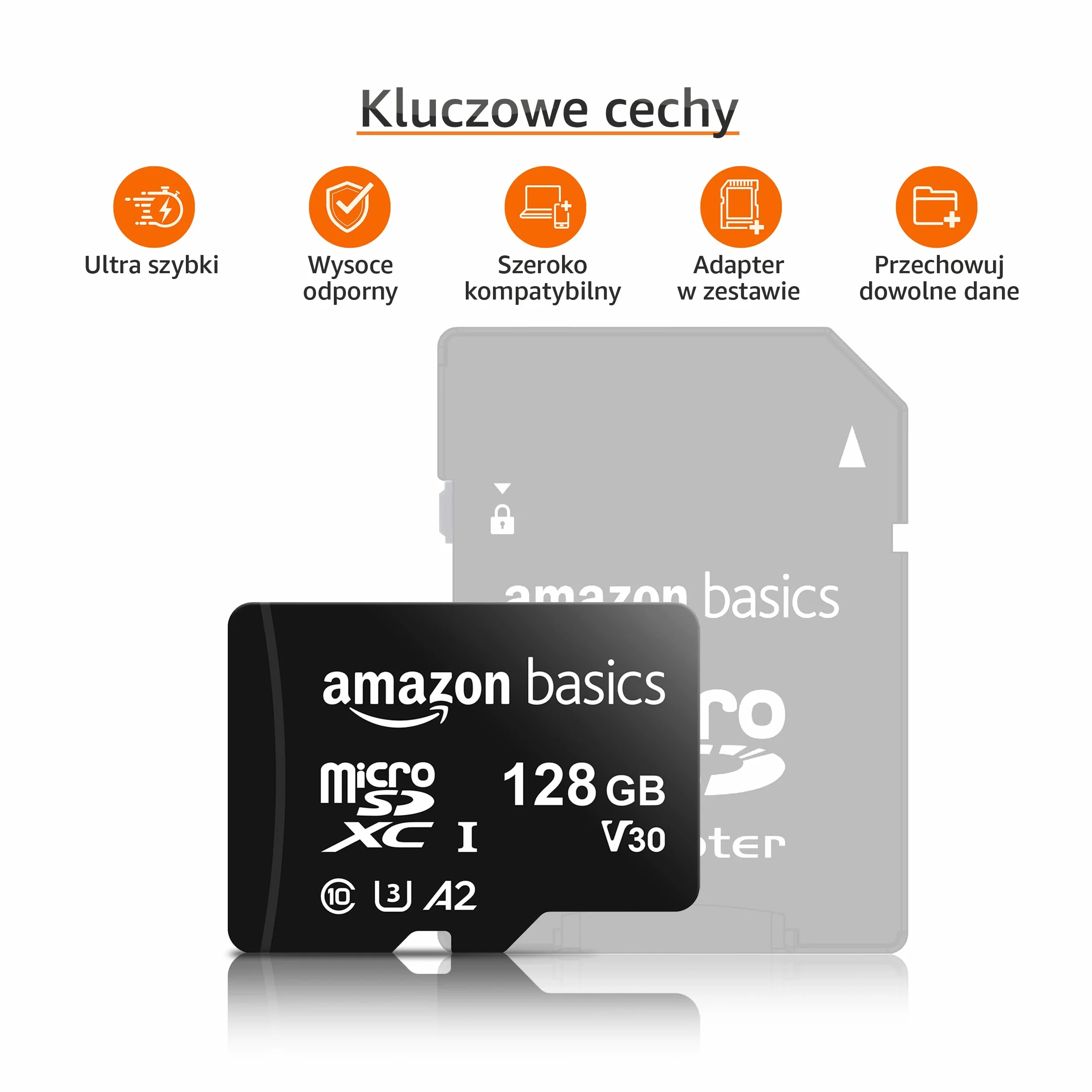 Amazon Basics Karta Pamięci microSDXC z Pełnowymiarowym Adapterem, A2, U3, Prędkość Odczytu do 100MB/s, 128GB, Czarna