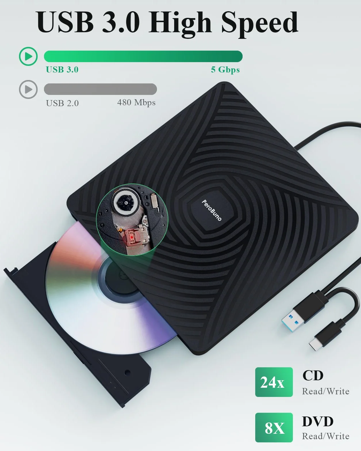 PeroBuno Zewnętrzny Napęd CD DVD, Napęd Optyczny USB 3.0 Typu C, 0,5-calowy Ultra-Slim Przenośny Odtwarzacz Płyt CD ROM Do Laptopów PC Windows 11/10/8/7 Linux Mac OS