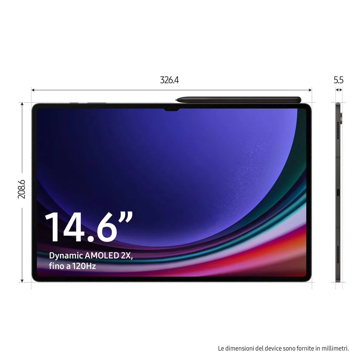 Samsung Galaxy Tab S9 Ultra, tablet AI, wyświetlacz 14,6" Dynamic AMOLED 2X, 5G, RAM 12 GB, 256 GB, 11,200 mAh, Snapdragon 8 Gen 2, Android 13, IP68, Graphite, [wersja włoska] 2023, ładowarka 45 W