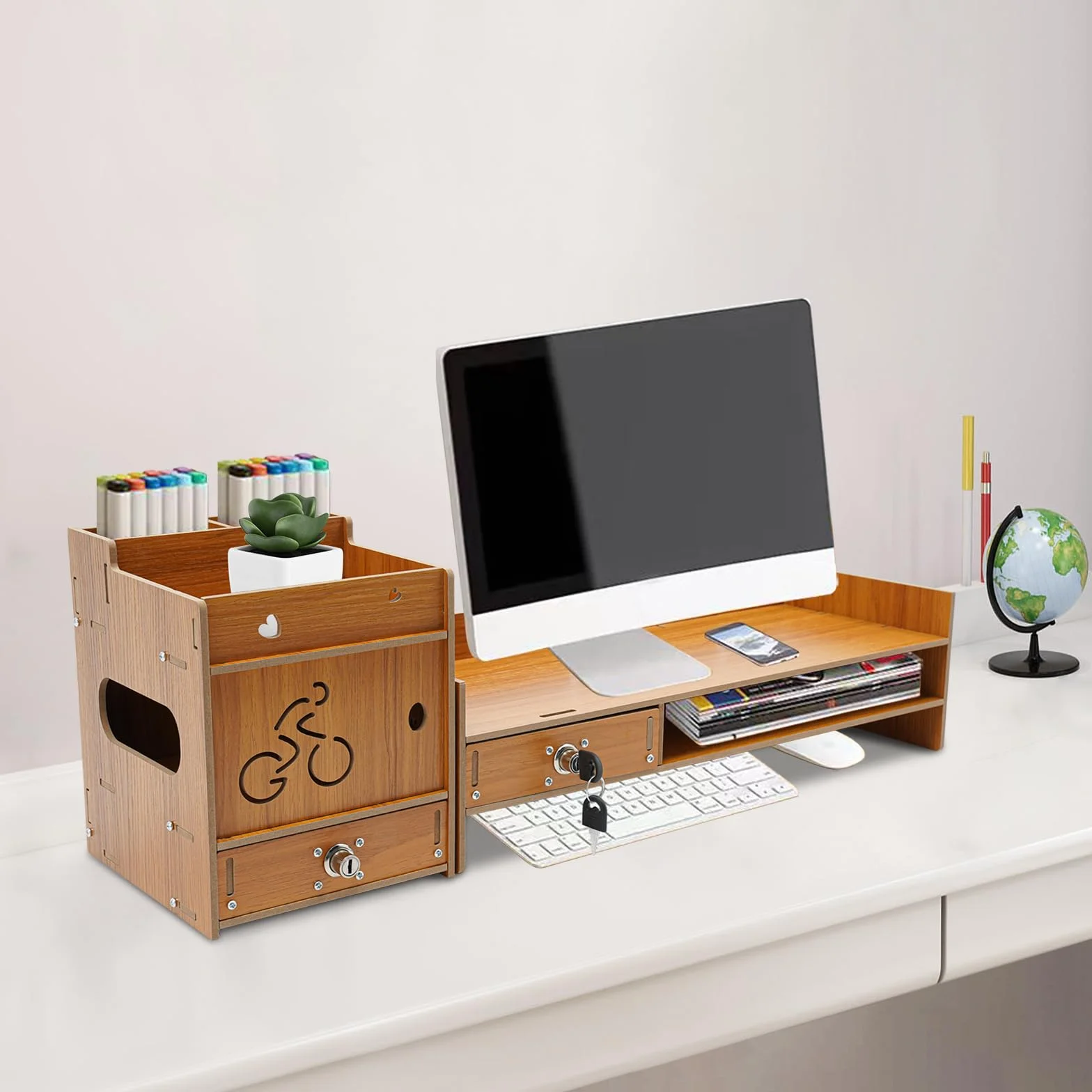 Stojak pod monitor z uchwytem na telefon komórkowy i szufladą, półka, 48 x 20 x 13,5 cm, drewniana podstawa, stojak na laptopa, laptopa, notebooka, drukarki
