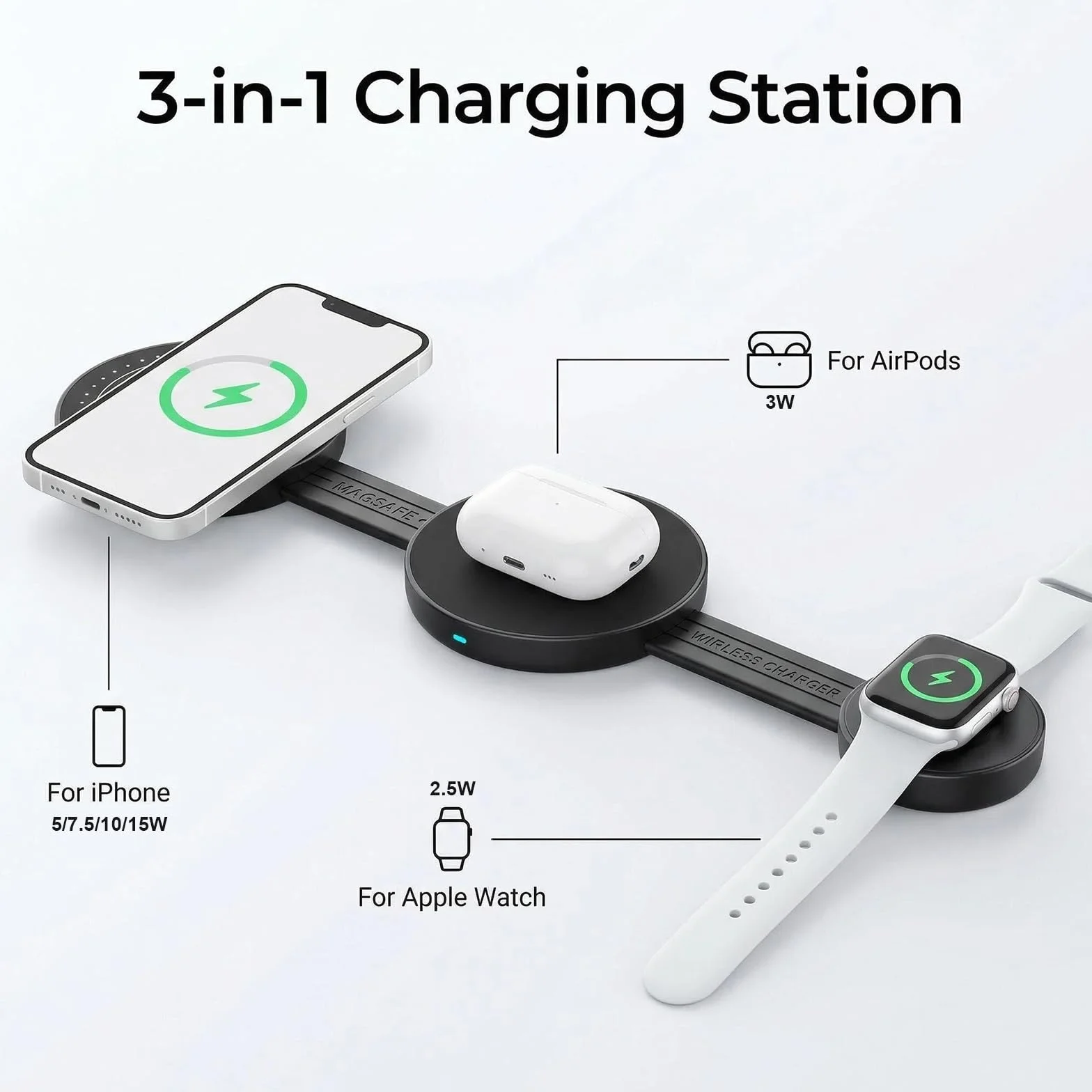 Bezprzewodowa stacja ładująca 3 w 1, składana ładowarka kieszonkowa kompatybilna 15W, składana podróżna podkładka ładująca do iPhone 17/16, AirPods, Apple Watch