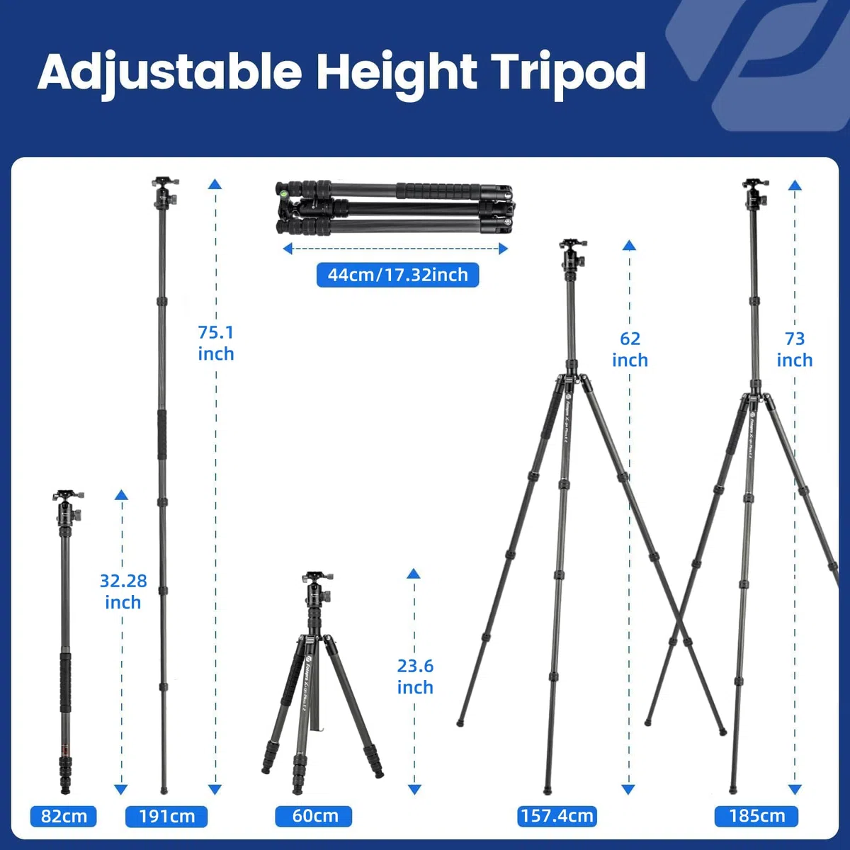 Fotopro Statyw z włókna węglowego 185 cm do aparatu, kompaktowy statyw podróżny z głowicą kulową, zdejmowany monopod z płytą szybkiego zwalniania i torbą na aparat, nośność do 10 kg, stojak