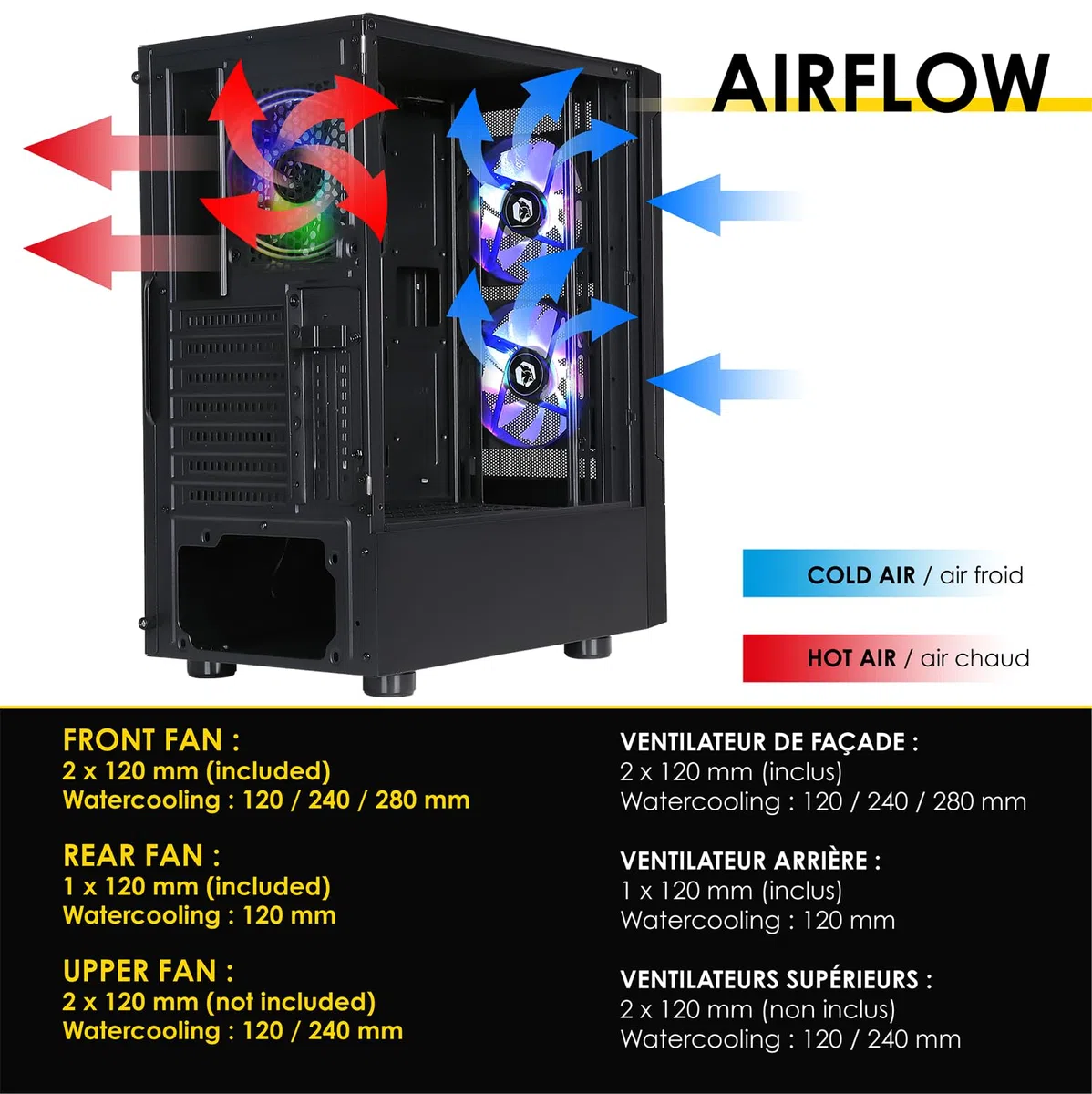 EMPIRE GAMING Obudowa PC Gamer Sapphire - ARGB Medium Tower ATX/Micro-ATX/ITX - boczne drzwi ze szkła hartowanego - 3 wentylatory 3-pinowe 5V LED RGB Adresable 120 mm, MB Sync, czarna