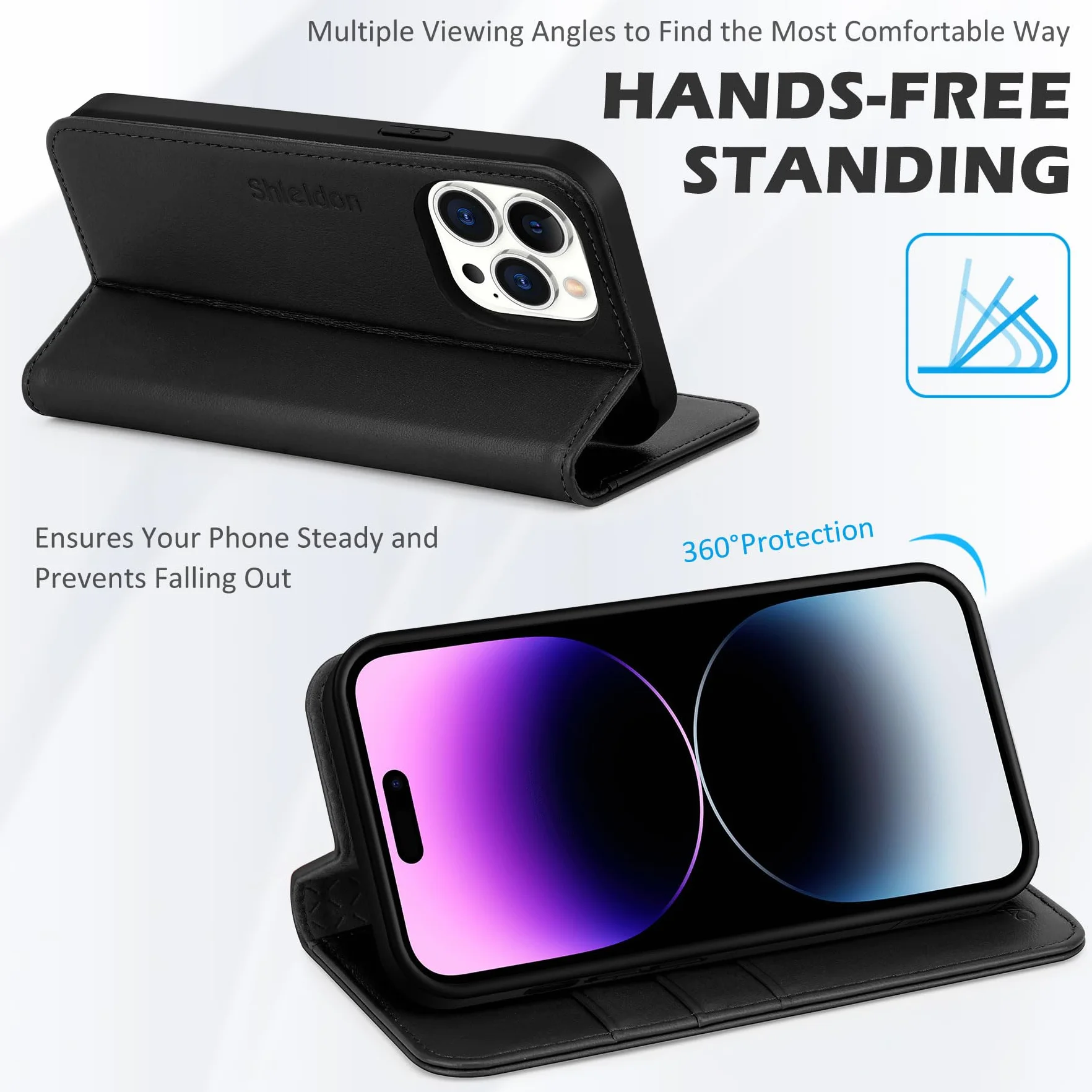 SHIELDON Etui do iPhone 14 Pro 5G, skórzane magnetyczne RFID, odporne etui TPU czarne