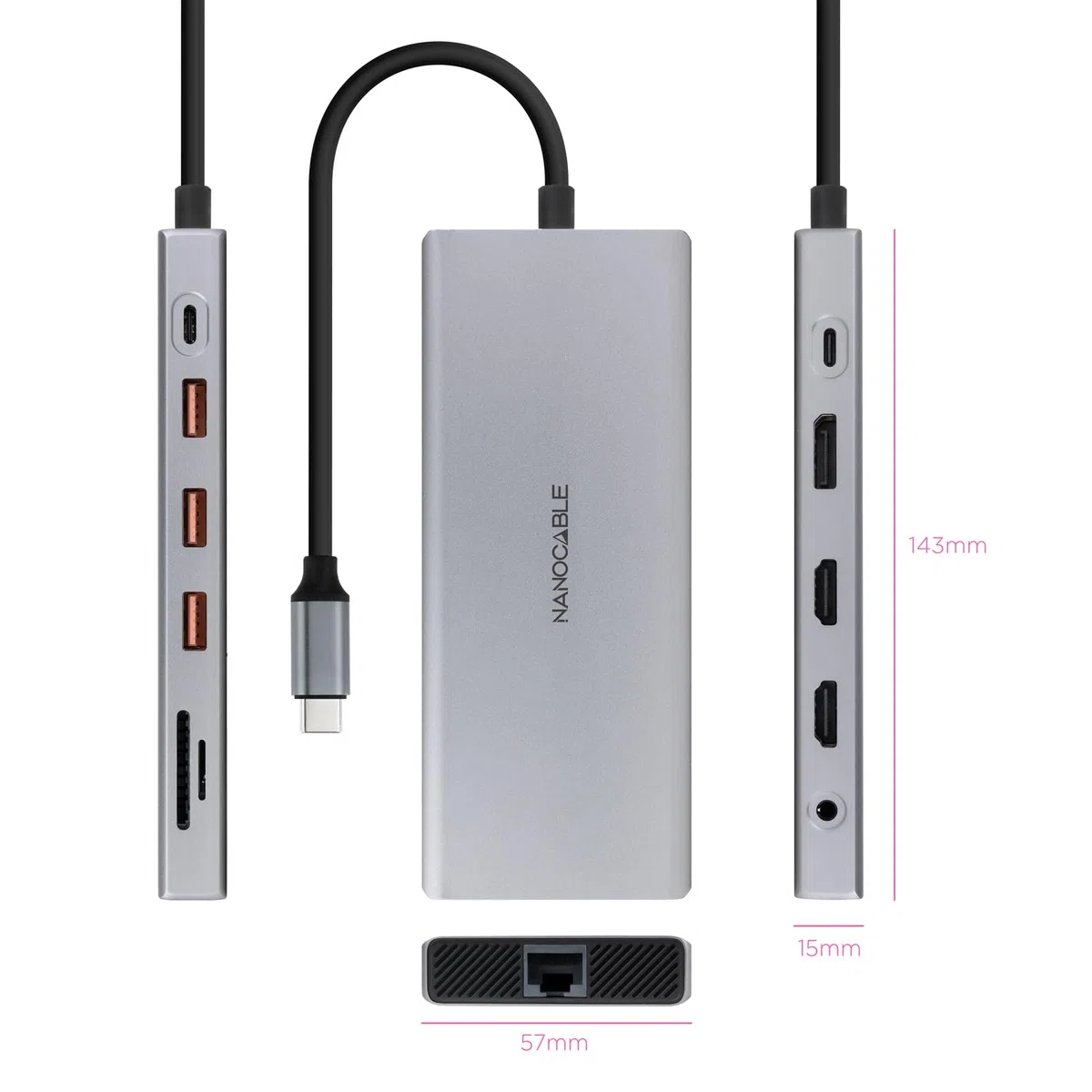 NANOCABLE 10.16.4612, koncentrator USB-C 12 w 1, konwerter USB-C 3.1 na 3 x USB-A 3.2 + USB-C 3.2 + USB-C PD + 2 x HDMI 4K @ 60 Hz + DP 4K przy 60 Hz + RJ45 1 Gb/s, TF, SD + Audio Jack 3.3.2 5