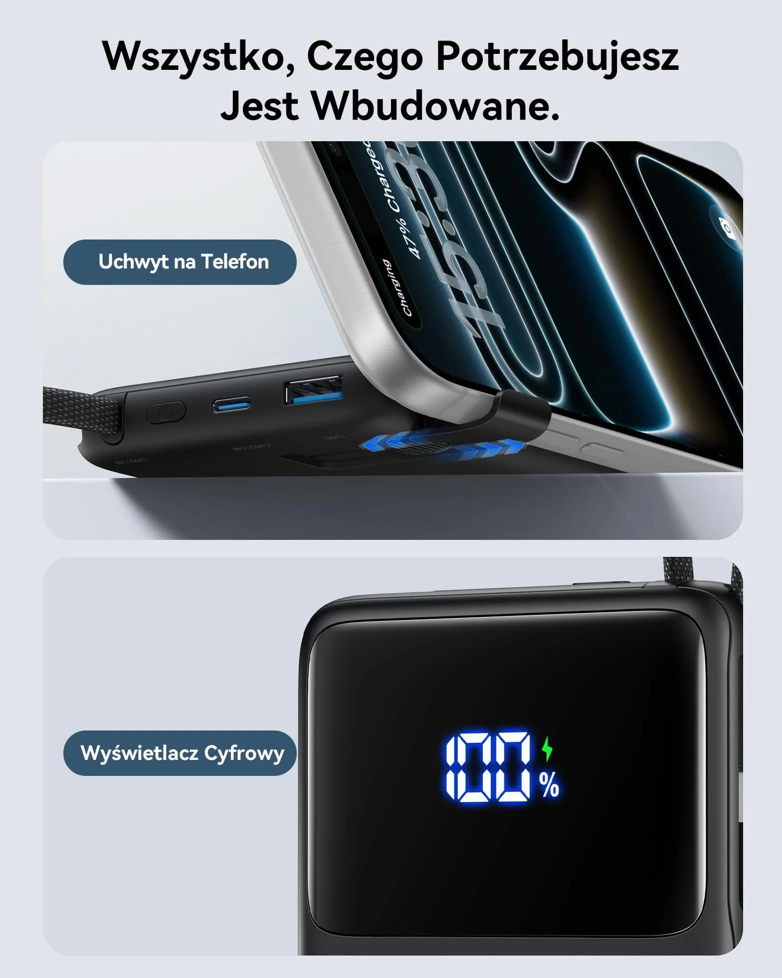 INIU Power Bank 45 W 10 000 mAh cienki powerbank z wbudowanym kablem USB-C przenośna ładowarka USB C In&Out