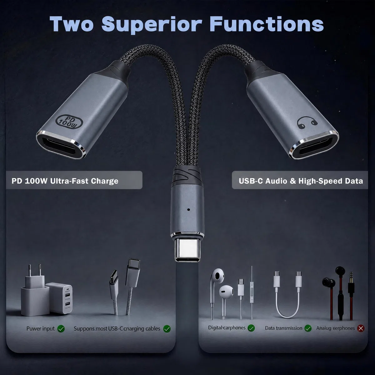Adapter słuchawkowy USB-C rozdzielacz USB-C typu Y 2 w 1 adapterem audio szybkim ładowaniem 100W laptopa tabletu smartfona – Szary