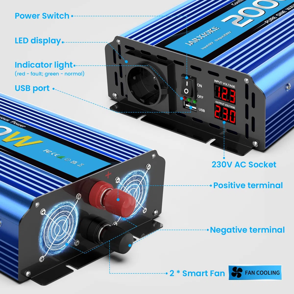 Konwerter 12 v 220v Czysty Sinus 2000W/4000W Przetwornik napięcia inwerterowy z USB i EU prądem zmiennym