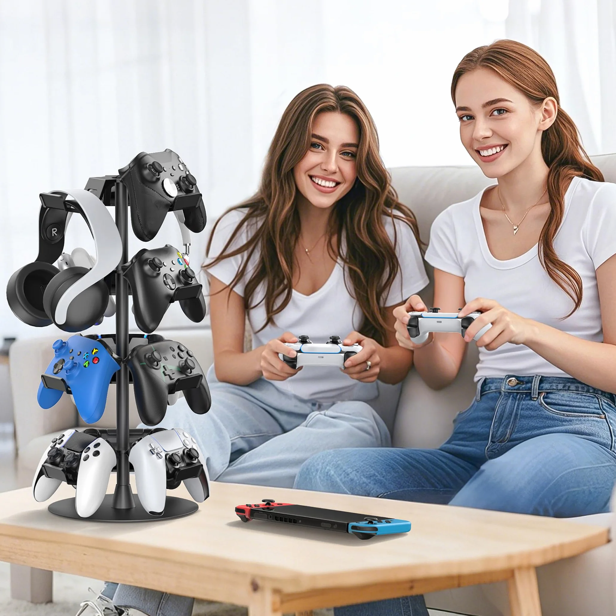 Stojak na słuchawki 3 poziomy na biurko, obrotowy stojak na kontroler do gier na PS5/PS4/Xbox/Switch2/PS Portal/telefon, uniwersalny kontroler akcesoriów dla graczy, uchwyt na słuchawki do 9 opakowań