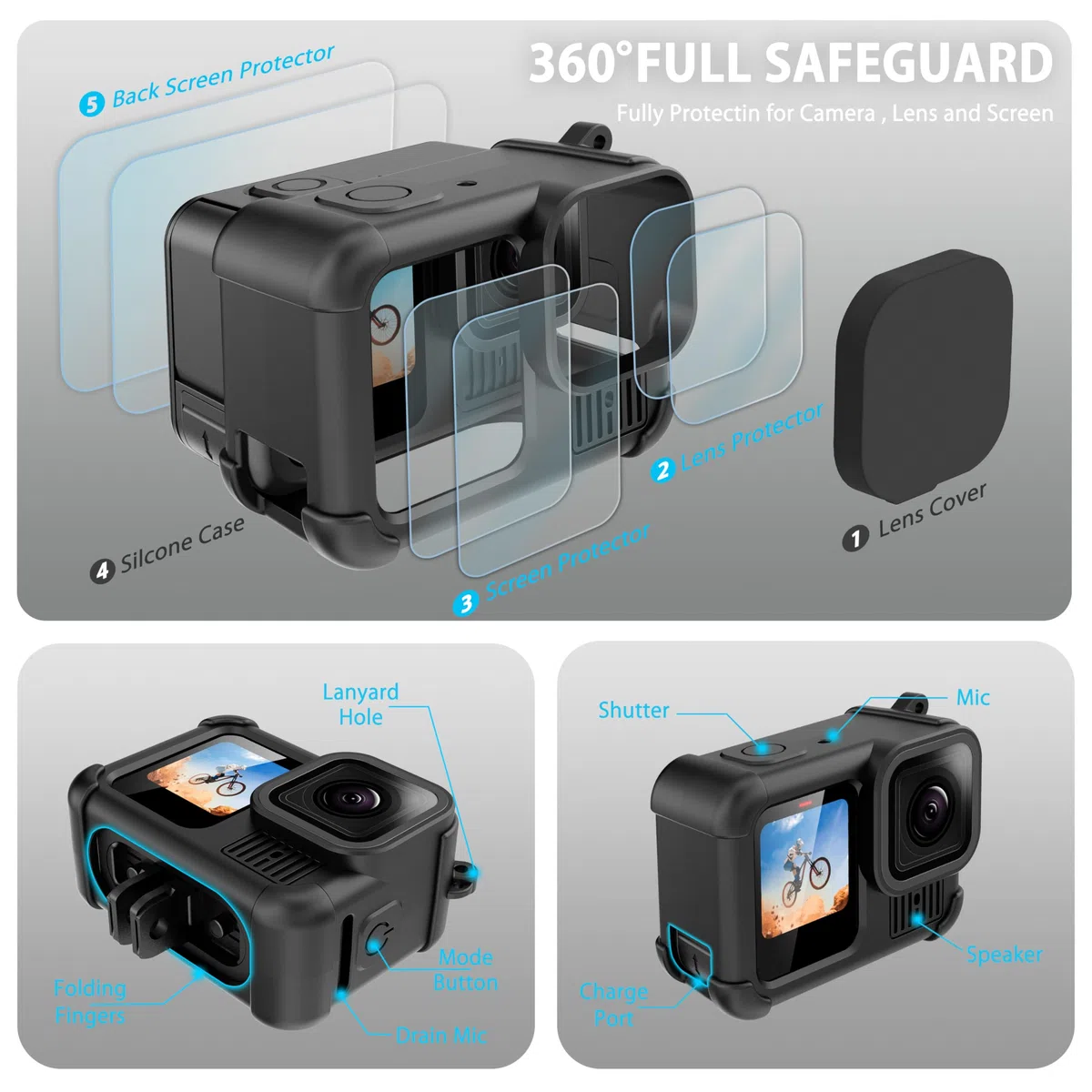 FitStill Czarny silikonowy zestaw ochronny do Go Pro Hero 13, czarny, silikonowa osłona obiektywu, osłona ekranu i regulowany pasek, zestaw akcesoriów do Go Pro Hero 13, czarny