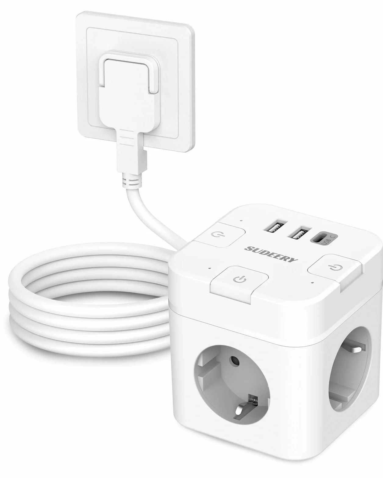 Listwa zasilająca 6 w 1 z gniazdem USB C, 3-krotna listwa zasilająca, płaska wtyczka z pojedynczym przełączaniem, kostki z kablem 2 m, 1 wtyczka USB typu C, do biura, domu, podróży (biała)