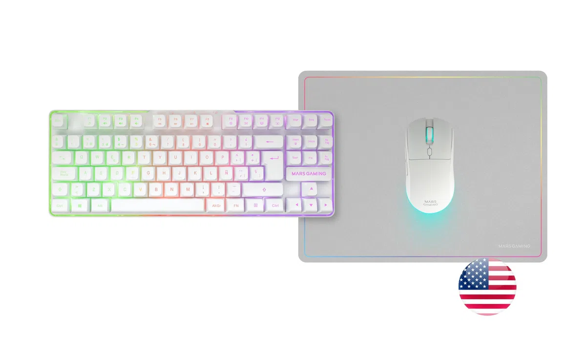 Mars Gaming MCPWTKL, Bezprzewodowy Zestaw Gaming, Technologia DualPro Link 2.4GPRO, Klawiatura TKL FRGB Rainbow + Mysz RGB 3200DPI z Przełącznikami HUANO + Podkładka 360x260mm, Biały, Angielski US