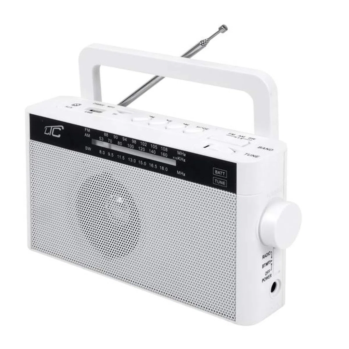 LTC SONA Przenośne Radio z Bluetooth, USB i Czytnikiem Kart microSD - z Uchwytem - Zasilanie Sieciowe lub Akumulatorowe - AM FM SW - do Domu, na Plac Budowy - Kompatybilne ze Smartfonem - Białe