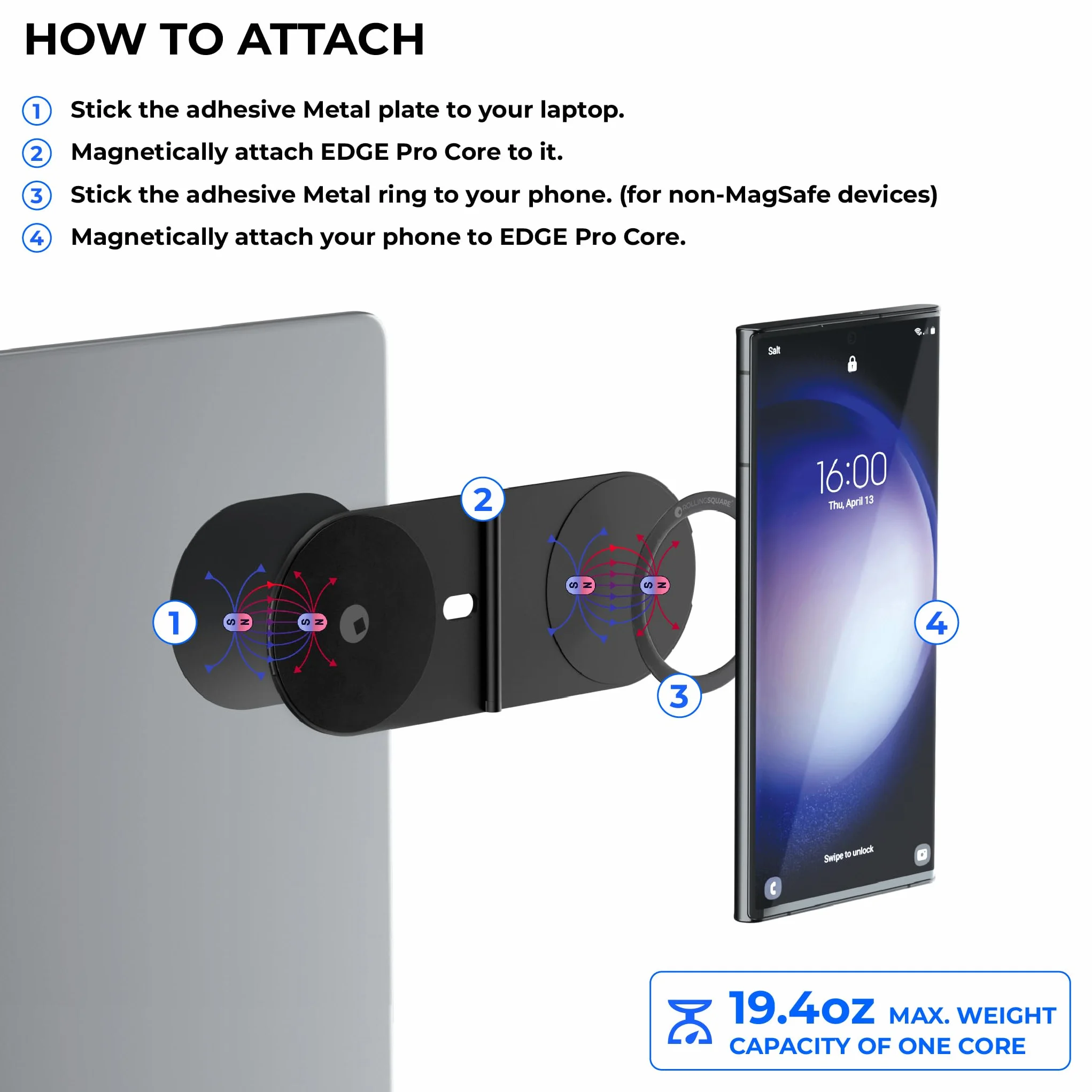 Rolling Square Edge Pro Core - Magnetyczny Uchwyt na Tablet i Telefon Komórkowy, Akcesoria do Inteligentnego i Wydajności, Kompatybilny ze Wszystkimi Telefonami, Czarny