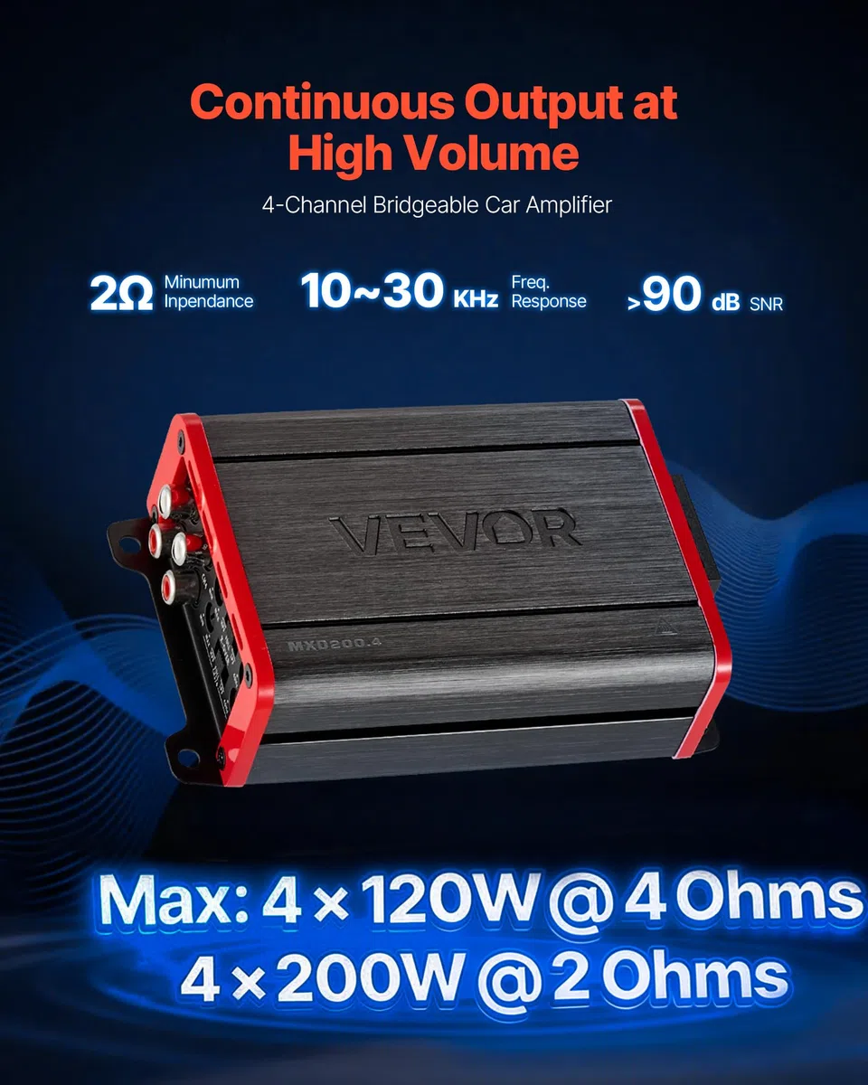 VEVOR Samochodowy wzmacniacz audio, 4-kanałowy, mostkowy wzmacniacz mocy do subwoofera, klasa D, pełny zakres maks. 4 x 120 W przy 4 omach/4 x 200 W poniżej 2 omów, wzmacniacz stereo do SUV, MPV