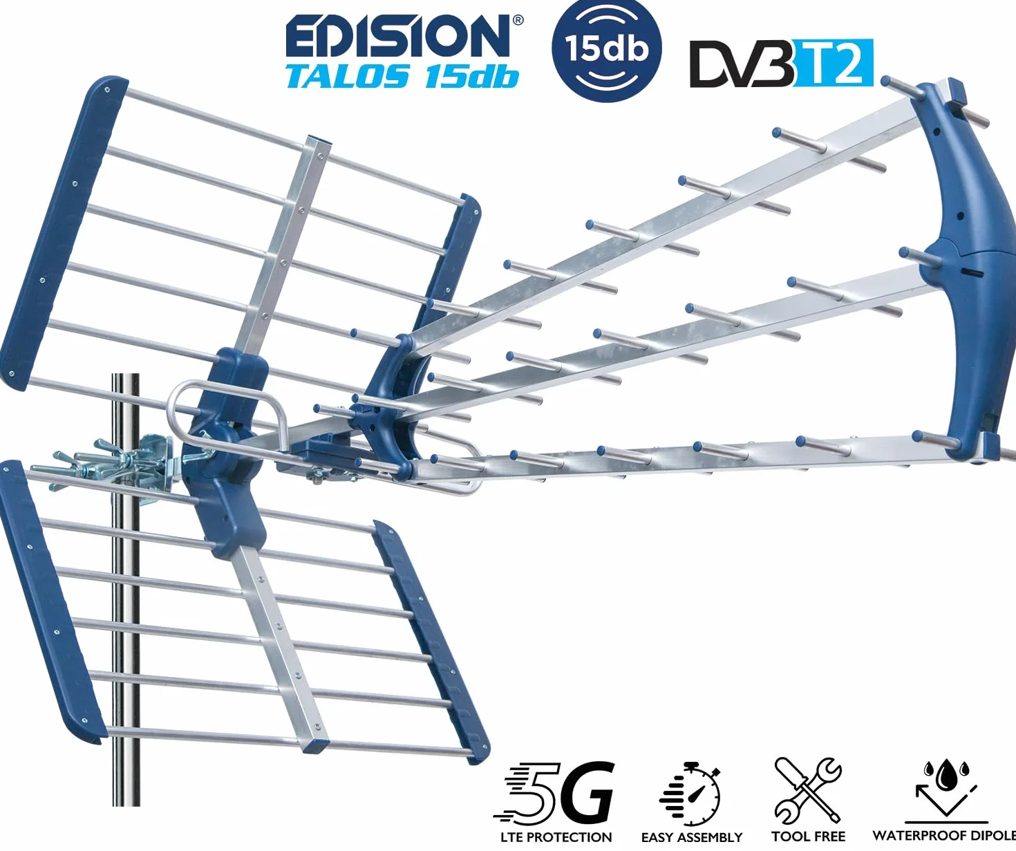 EDISION TALOS 15db Potrójna cyfrowa antena naziemna UHF 21-48, z odcięciem 5G LTE, idealna do odbioru kanałów cyfrowej telewizji naziemnej DVB-T/T2, długość 47cm, niebieska i aluminiowa