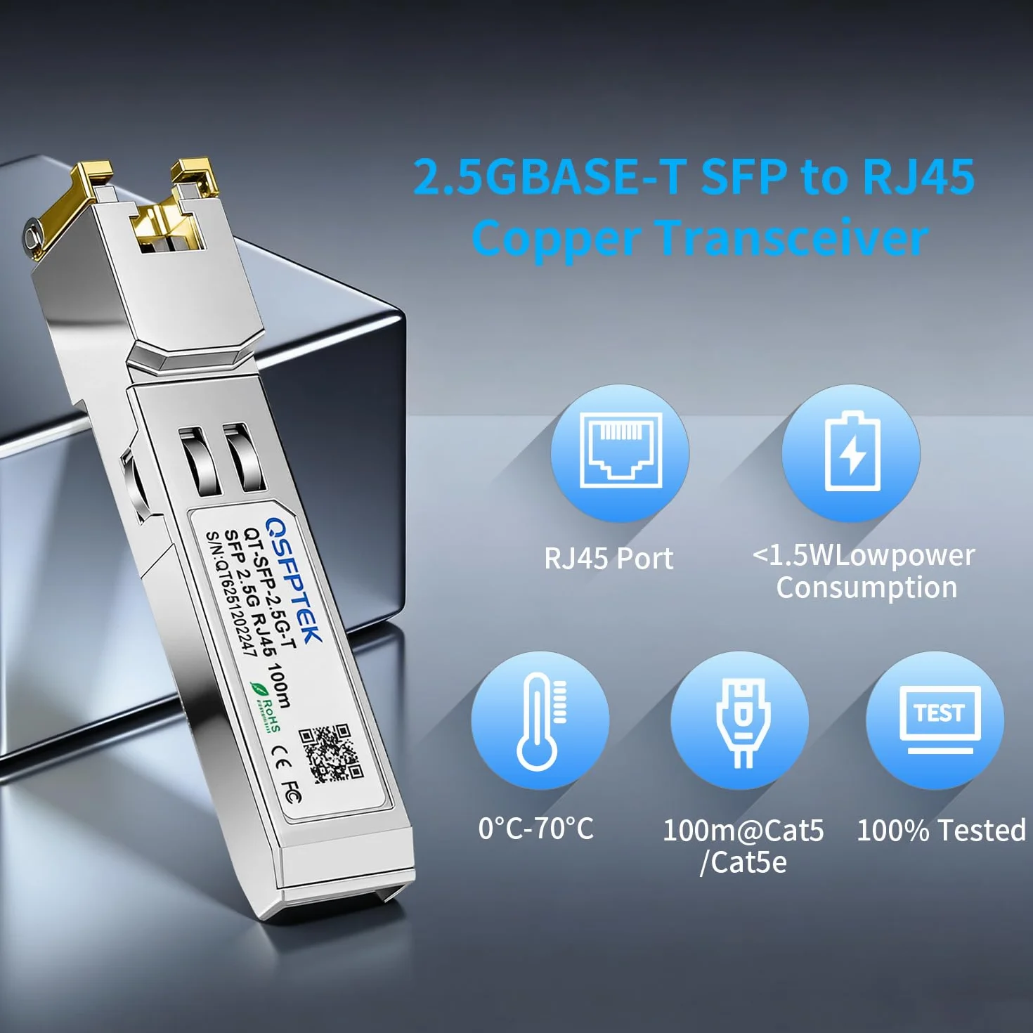 QSFPTEK 2.5GBASE-T SFP do RJ45 Transceiver, 2,5G moduł Mini-GBIC kompatybilny z Cisco SFP-2.5G-T, Ubiquiti, MikroTik, TP-Link 2.5Gb Switch/Router, do 100m (Obsługa tylko portu 2.5G)