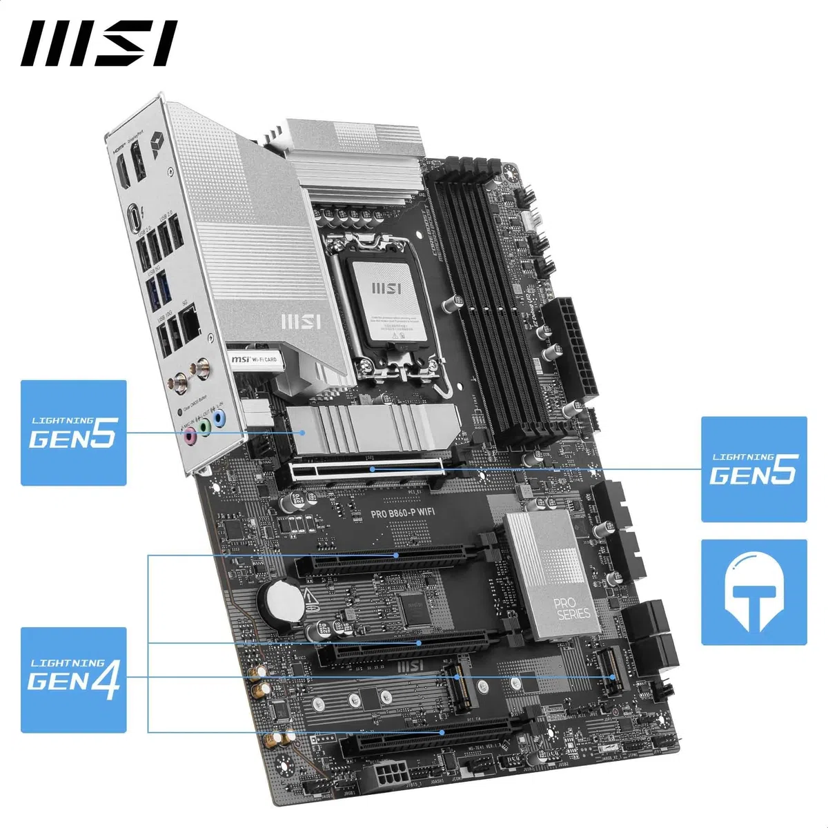 MSI PRO B860-P WIFI płyta główna, ATX - obsługuje procesory Intel Core Ultra (seria 2), LGA 1851-12 DRPS, DDR5 Memory Boost (8600+ MT/s OC), PCIe 5.0 x16 i 4.0 x16, M.2 Gen 5, Wi-Fi 7, 5G LAN