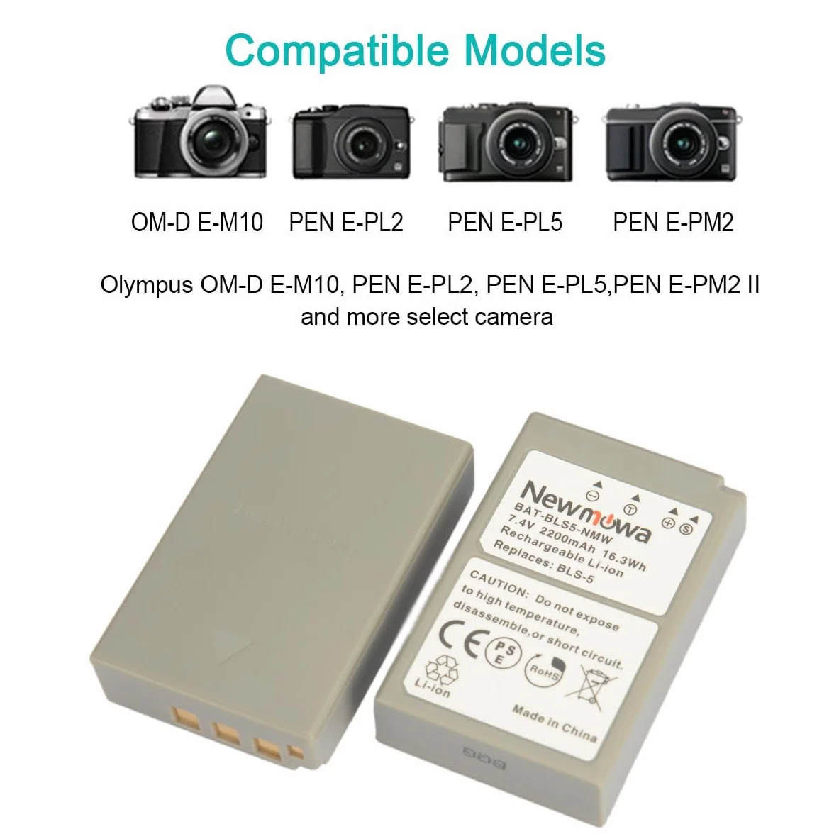 Newmowa BLS-5 zestaw zapasowych baterii (2 szt) i przenośnej ładowarki USB do Olympus BLS-5, BLS-50, PS-BLS5 i Olympus OM-D E-M10, PEN E-PL10, E-PL9, E-PL8, E-PL7, E-PL5, E‑PM2, Stylus 1