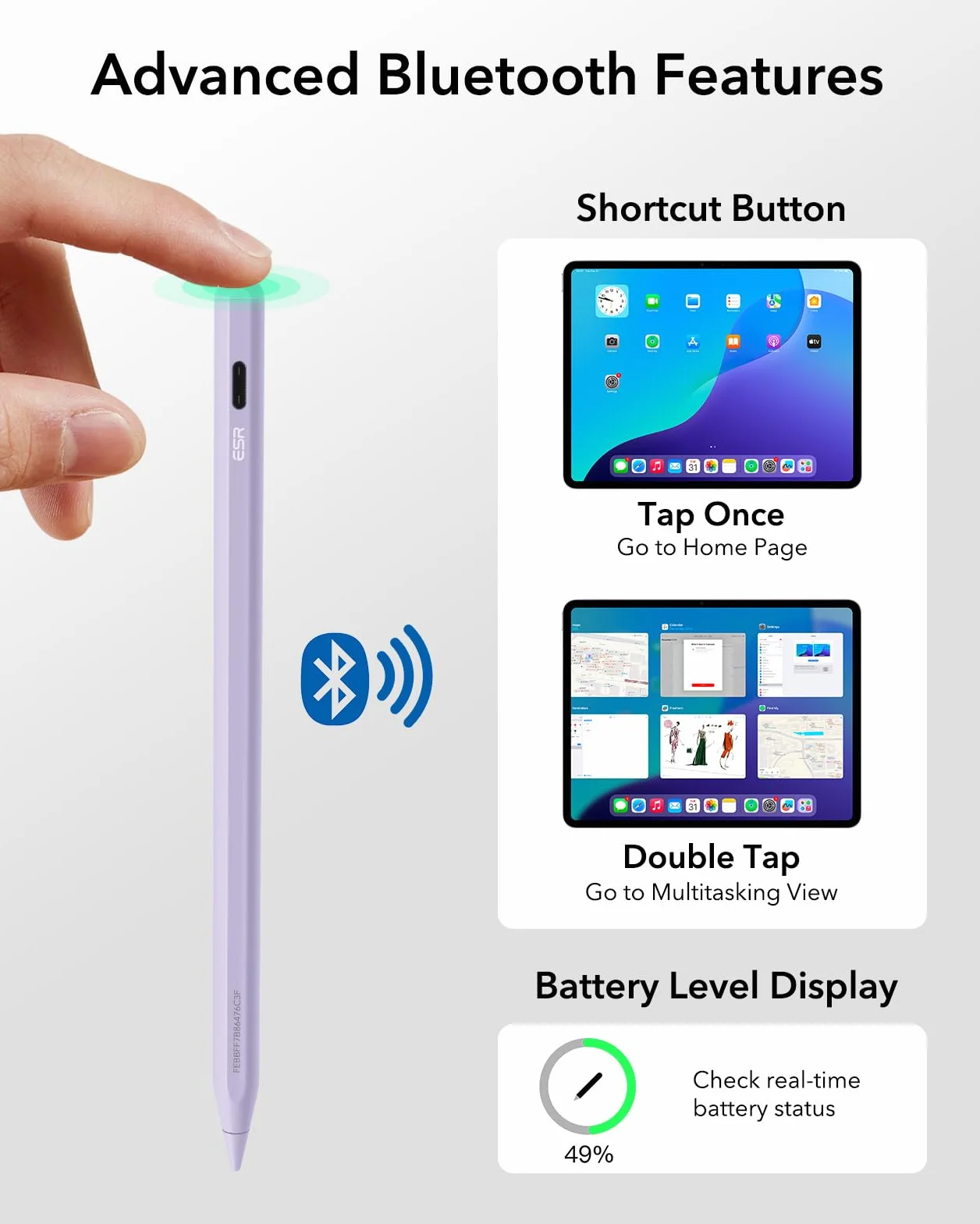 ESR Geo Digital iPad Pencil Findmy kompatybilny z Apple iPad 2018-2025, z łatwymi skrótami do Apple iPad A16/10/9/8 i Air 13/11 i Pro 12,9/13/11 i Mini 7/6/5, fioletowy (bez ładowania bezprzewodowego)