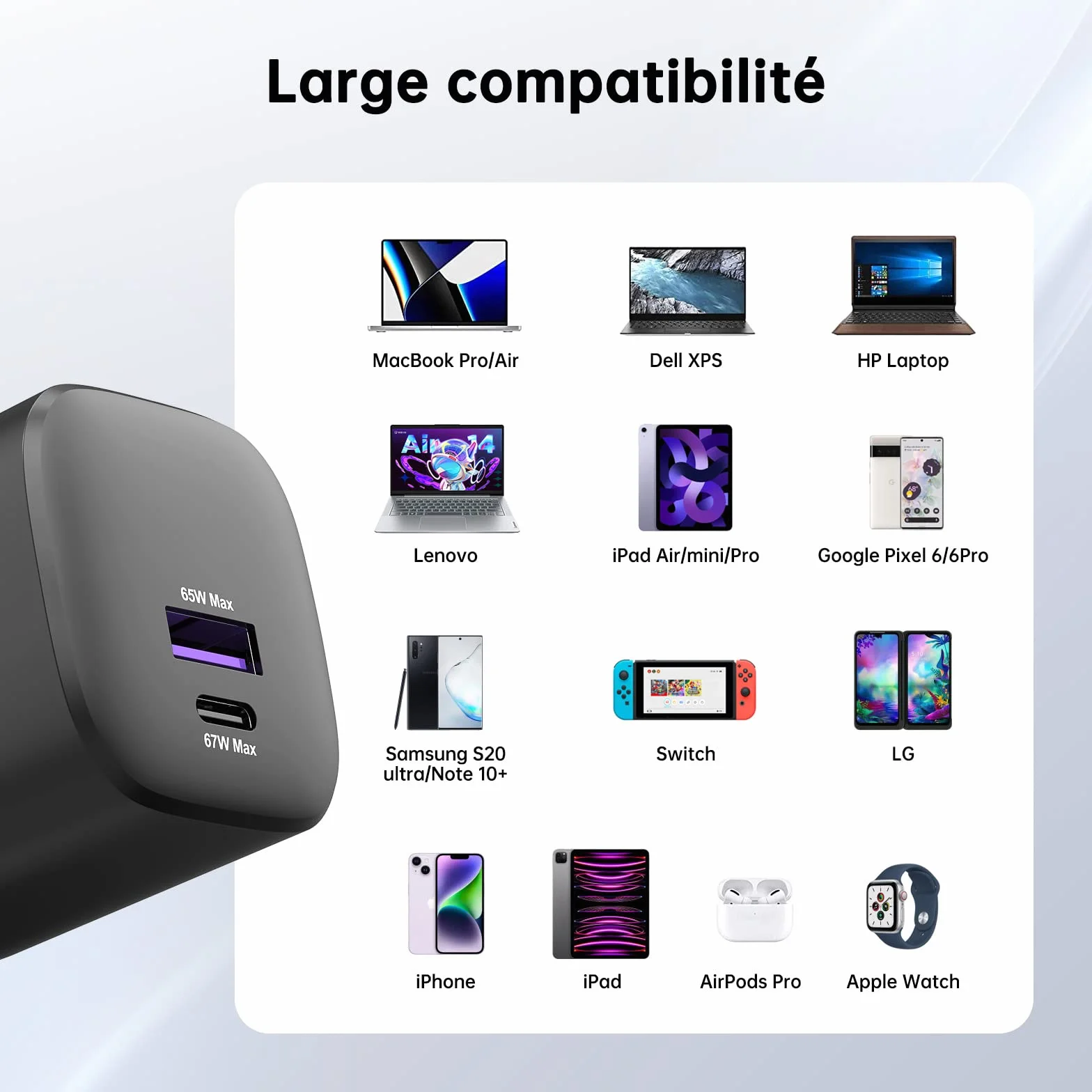 NOVOO 67W ładowarka USB C, szybka ładowarka z 2 portami USB, 1 m kabel w zestawie, uniwersalny adapter do ładowania kompatybilny z iPhone 14 15 Plus Pro Max Air iPad, Macbook Galaxy S23