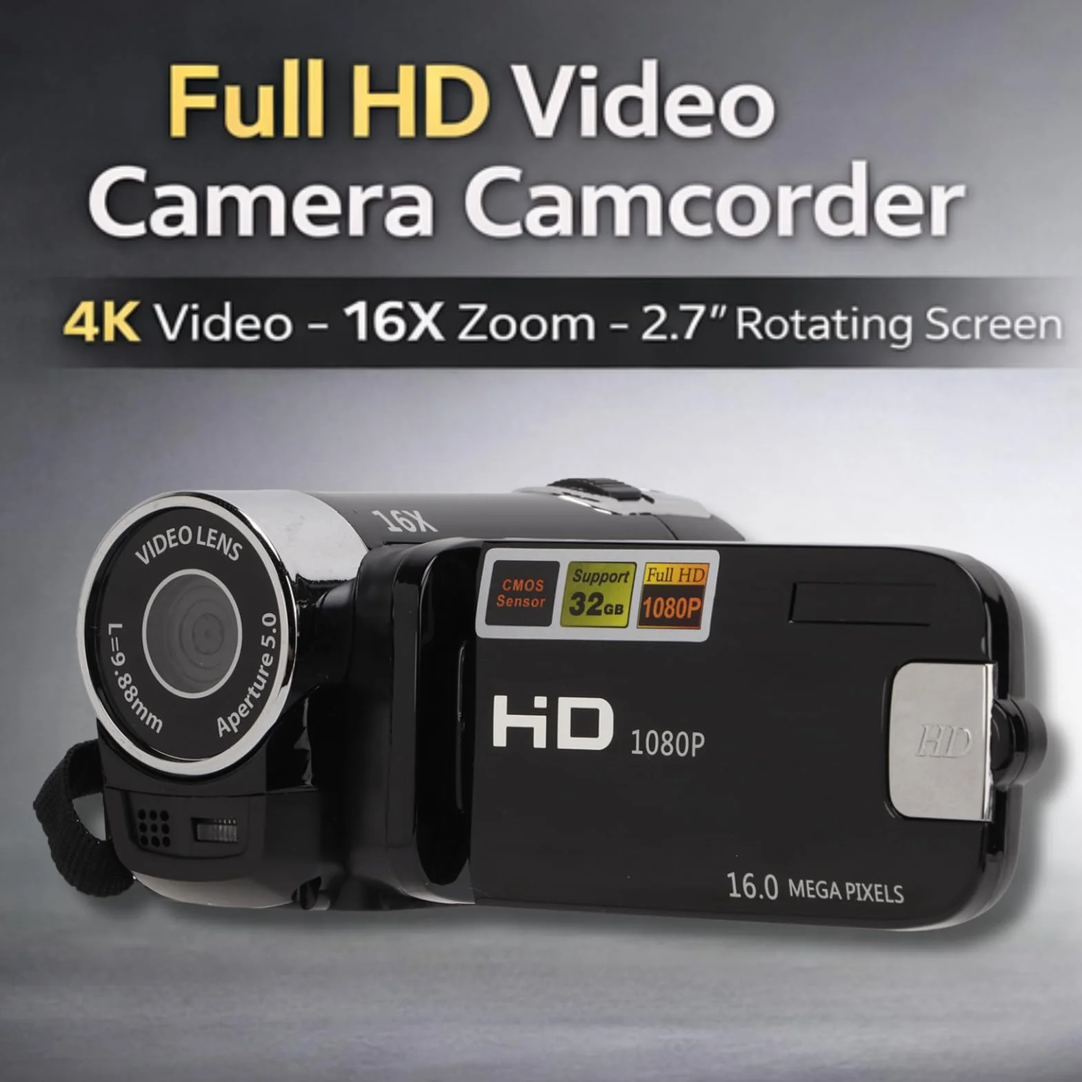 Greensen Kamera cyfrowa 4K 48 MP, 16 x zoom cyfrowy, 2,7", obracany o 270°, kamera wideo dla początkujących i dla początkujących (czarna)