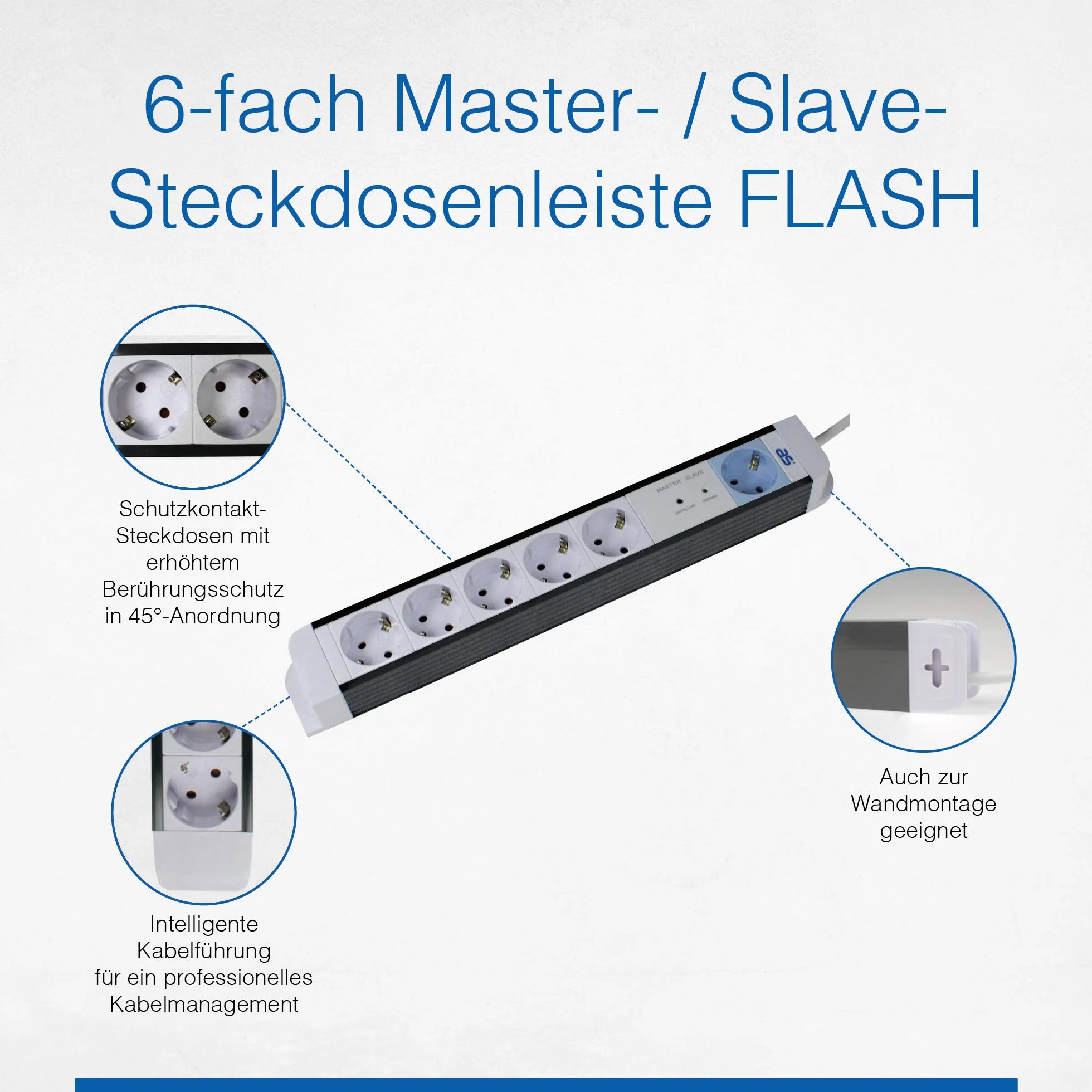 as - Schwabe 18672 6-Way Master-Slave Gniazdo Listwy Zasilającej, IP20, 230 V/16 A, Długość Kabla 1,5 Metra, Biały