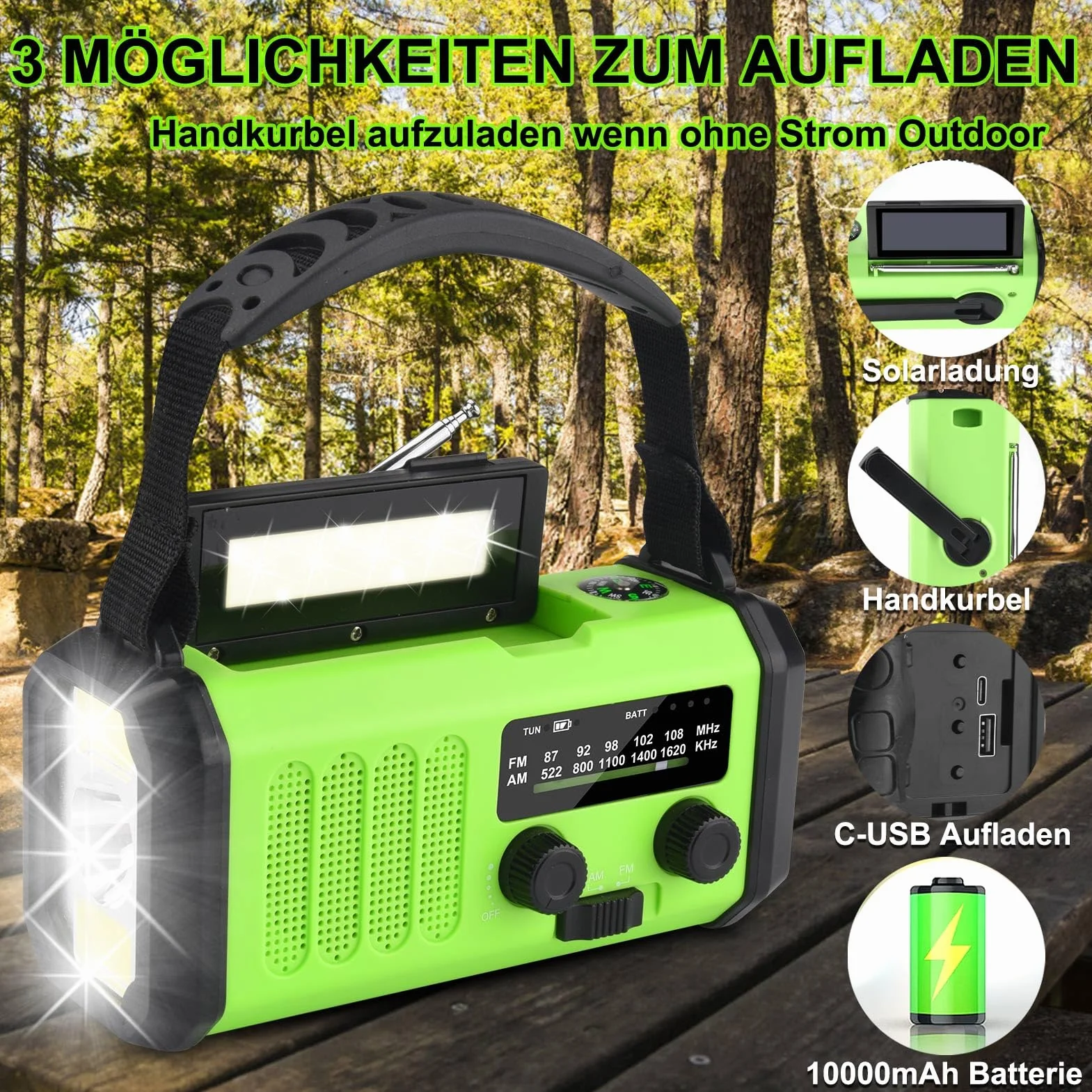 Radio solarne przenośne AM/FM 10000 mAh powerbank latarka LED alarm SOS dynamo