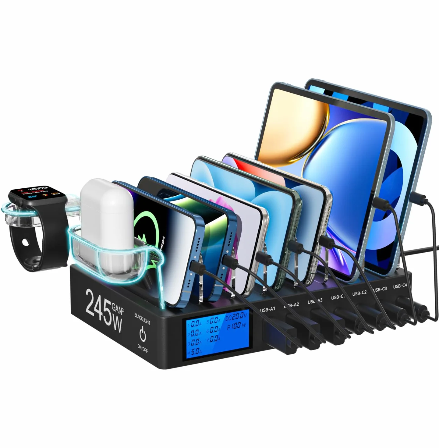 Stacja ładująca 245 W, 7 portów, wiele portów, ekran LCD, szybkie ładowanie USB C PD 100 W do iPhone'a, tabletu i innych urządzeń elektronicznych (bez kabla ładującego)