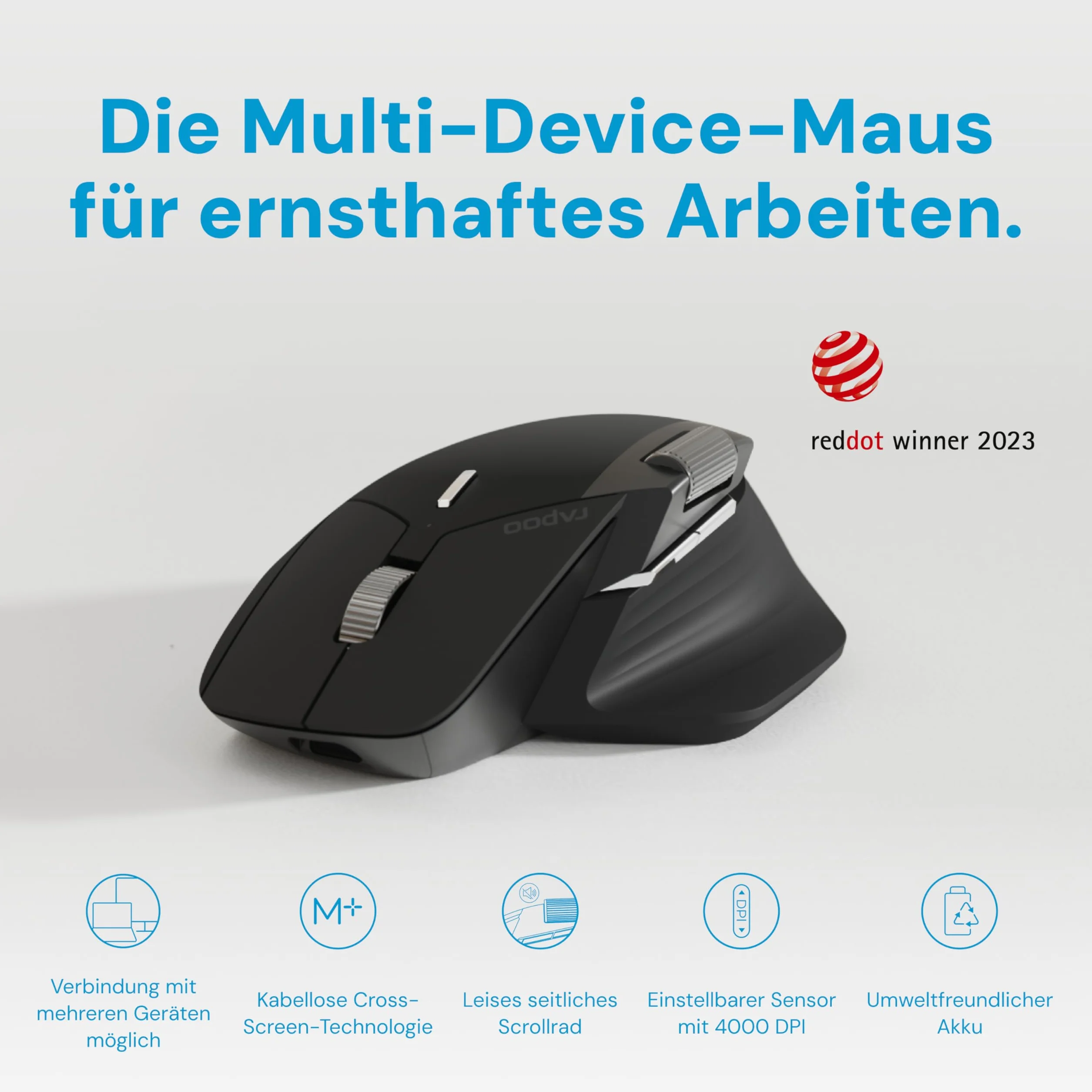 Rapoo MT760L mysz bezprzewodowa 4000 DPI, przyjazny dla środowiska, akumulator do ponownego ładowania, ergonomiczny, PC i Mac, szaro-czarna