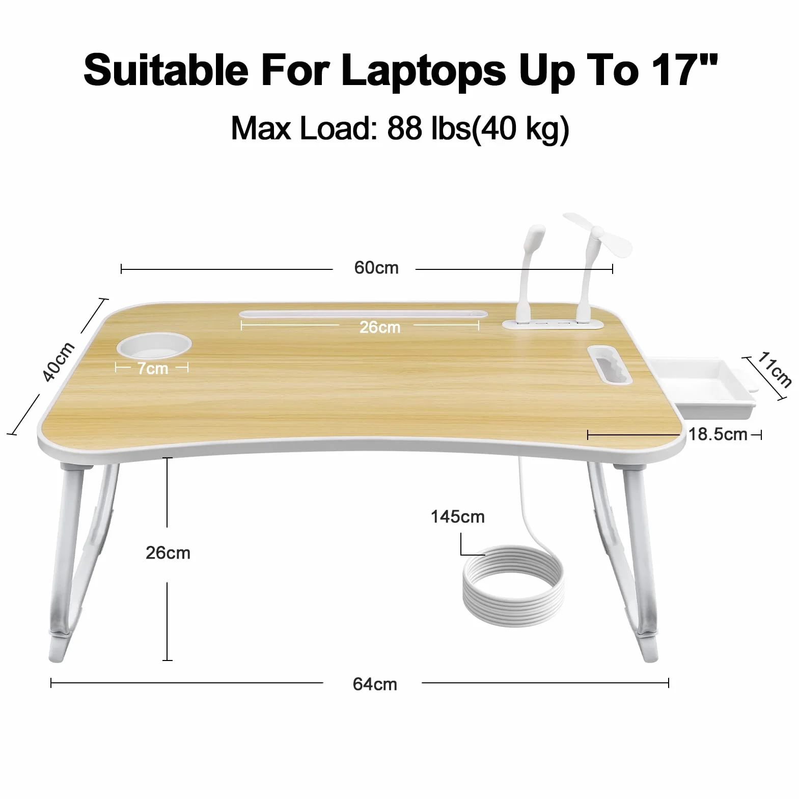 Stolik Pod Laptopa, Składany Stolik z 4 Portami USB do ładowania, Szufladą, Podstawka pod Tablet, Miejscem na Kubek, Uchwytem do Przenoszenia, do łóżka, Sofy, Podłogę (60x40cm, Kolor Drewna)