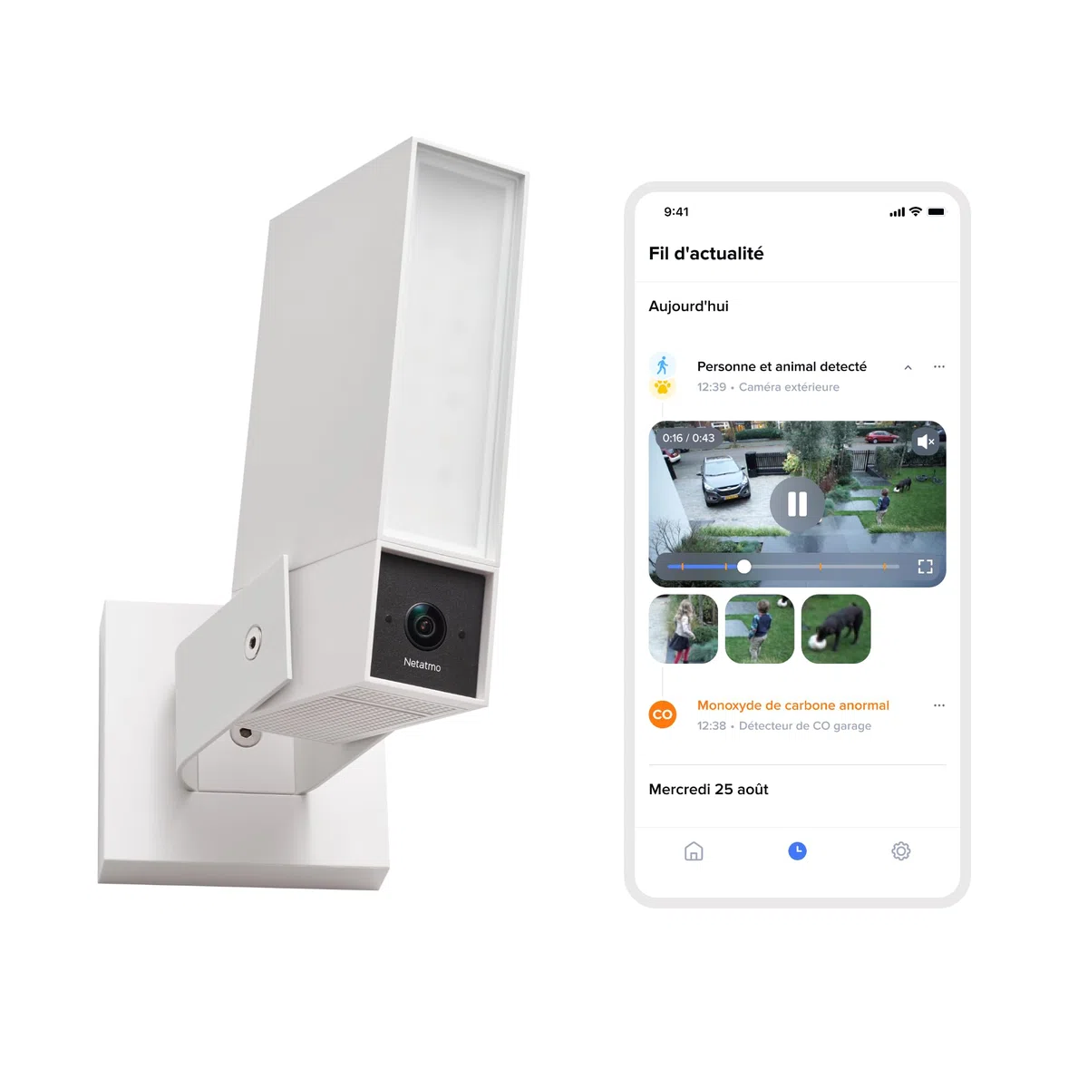 Monitorująca Kamera Zewnętrzna NETATMO, Wi-Fi 5 GHz, 2K HDR, wykrywanie osób pojazdów/zwierząt dzięki AI, reflektor LED 12 W, wbudowany alarm 105 dB, lokalne przechowywanie danych, bez abonamentu, Cza