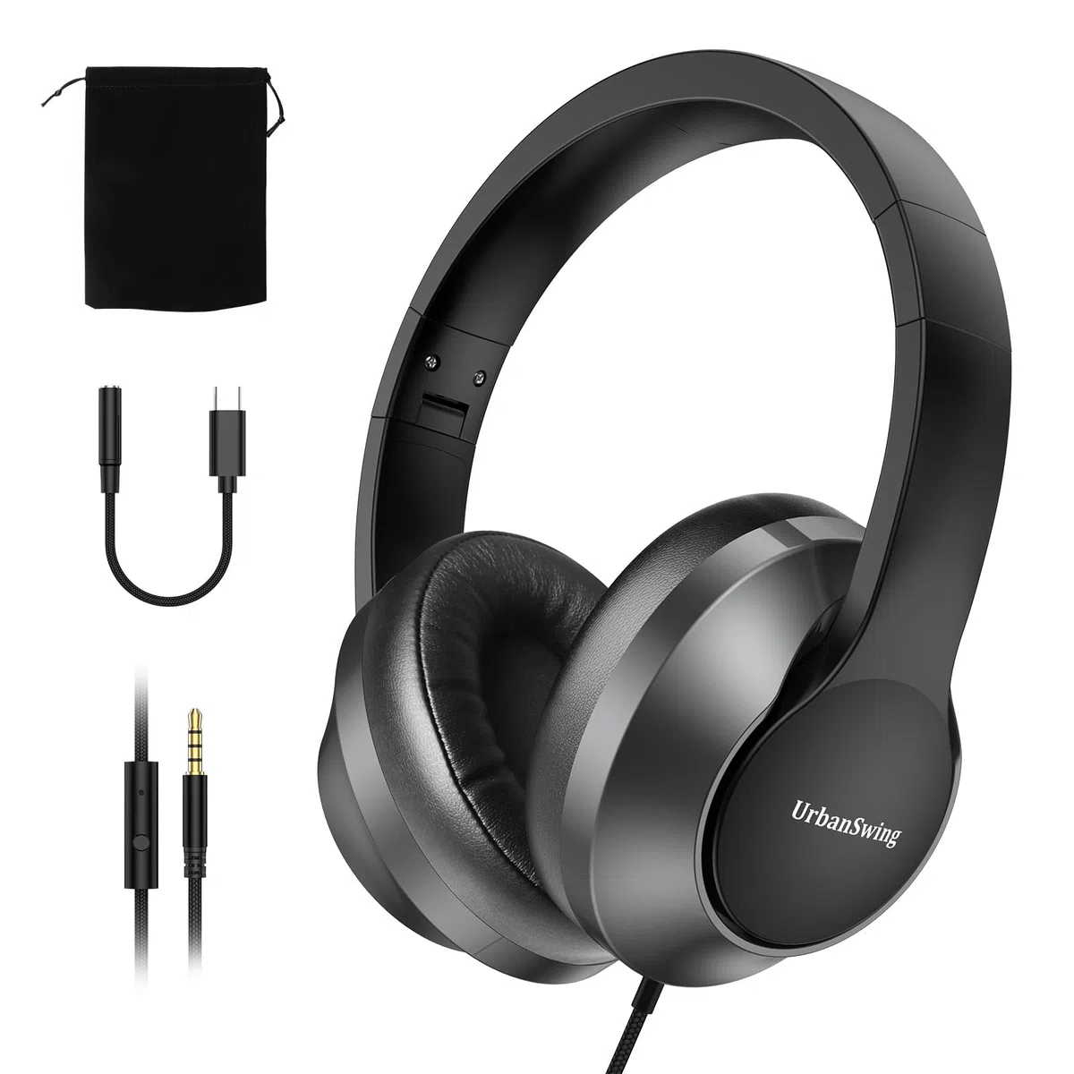 URBAN SWING W2 Słuchawki USB C, przewodowe nauszne, adapter AUX Plus USB-C 3,5 mm, przewodowy zestaw słuchawkowy z mikrofonem, wytrzymały, bardzo długi kabel o długości 1,5 m, do konsol do gier