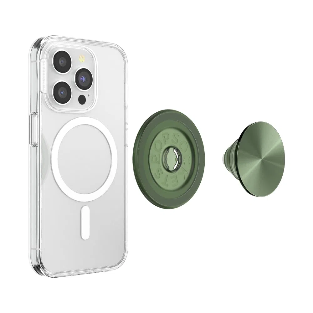 PopSockets: PopGrip Round do MagSafe – pierścień adaptera do MagSafe w zestawie – rozszerzany stojak na telefon i uchwyt z wymienną górną częścią do smartfonów i etui – Alum Radial Olive