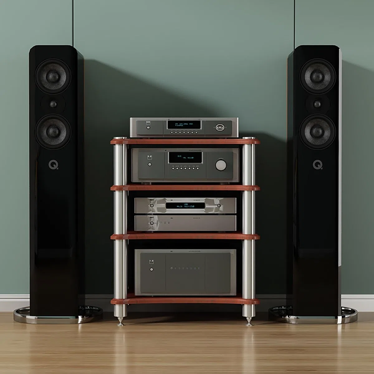 4-poziomowy drewniany stojak na sprzęt audio-video – nowoczesny stojak na sprzęt audio HiFi z półką na odtwarzacz CD, narożna szafka stereo do kina domowego, kolor czerwony